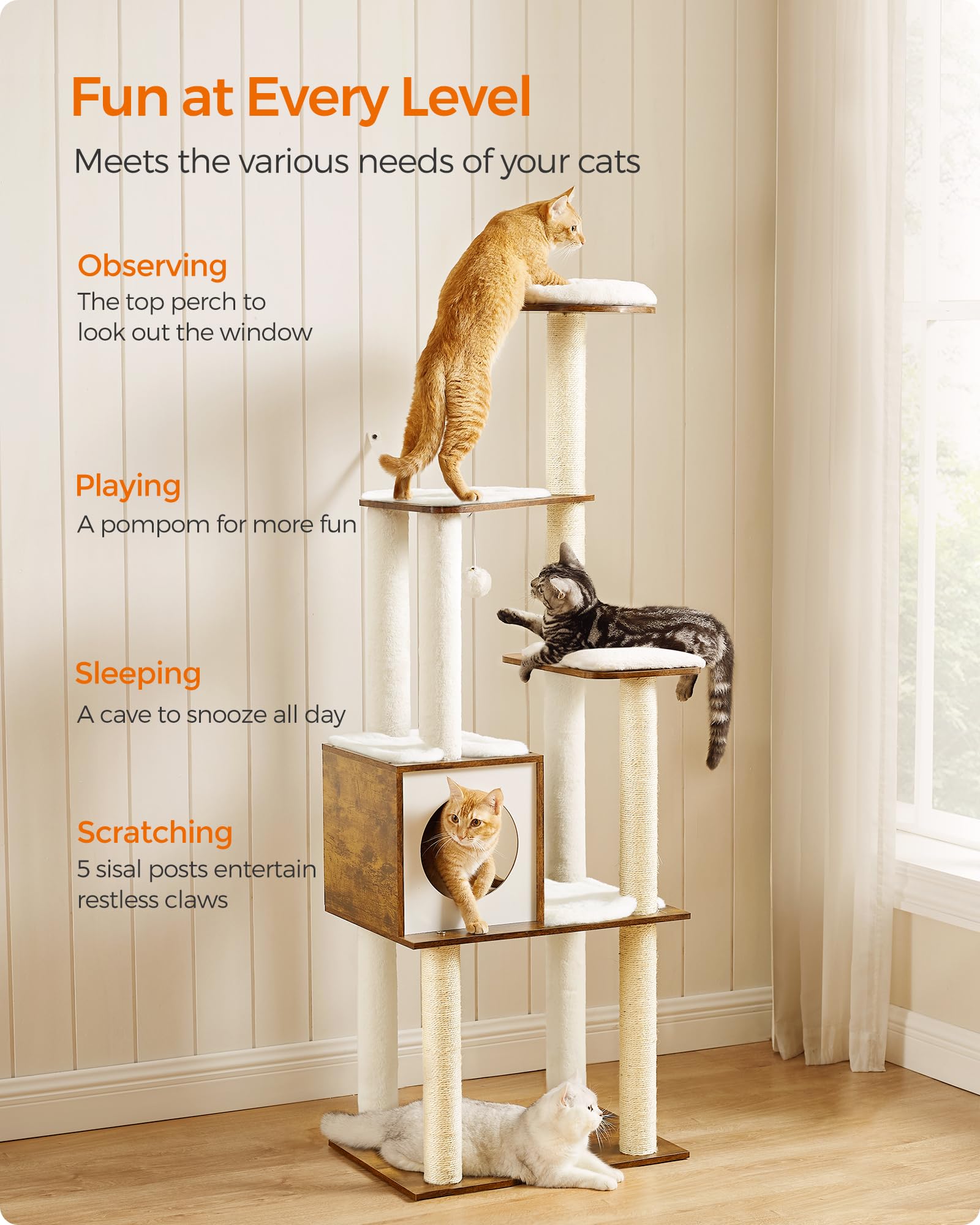 Feandrea cat tree base board provides stable footing for play.