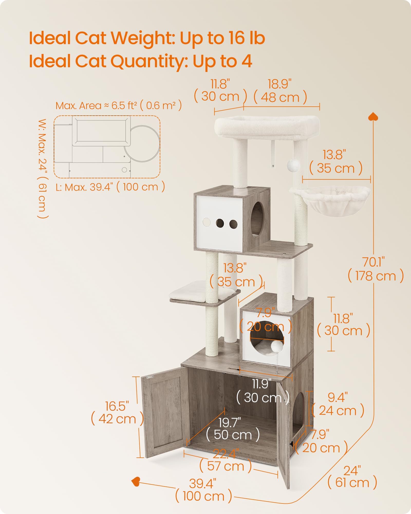 Feandrea cat tree bottom cabinet hides the litter area for a cleaner space
