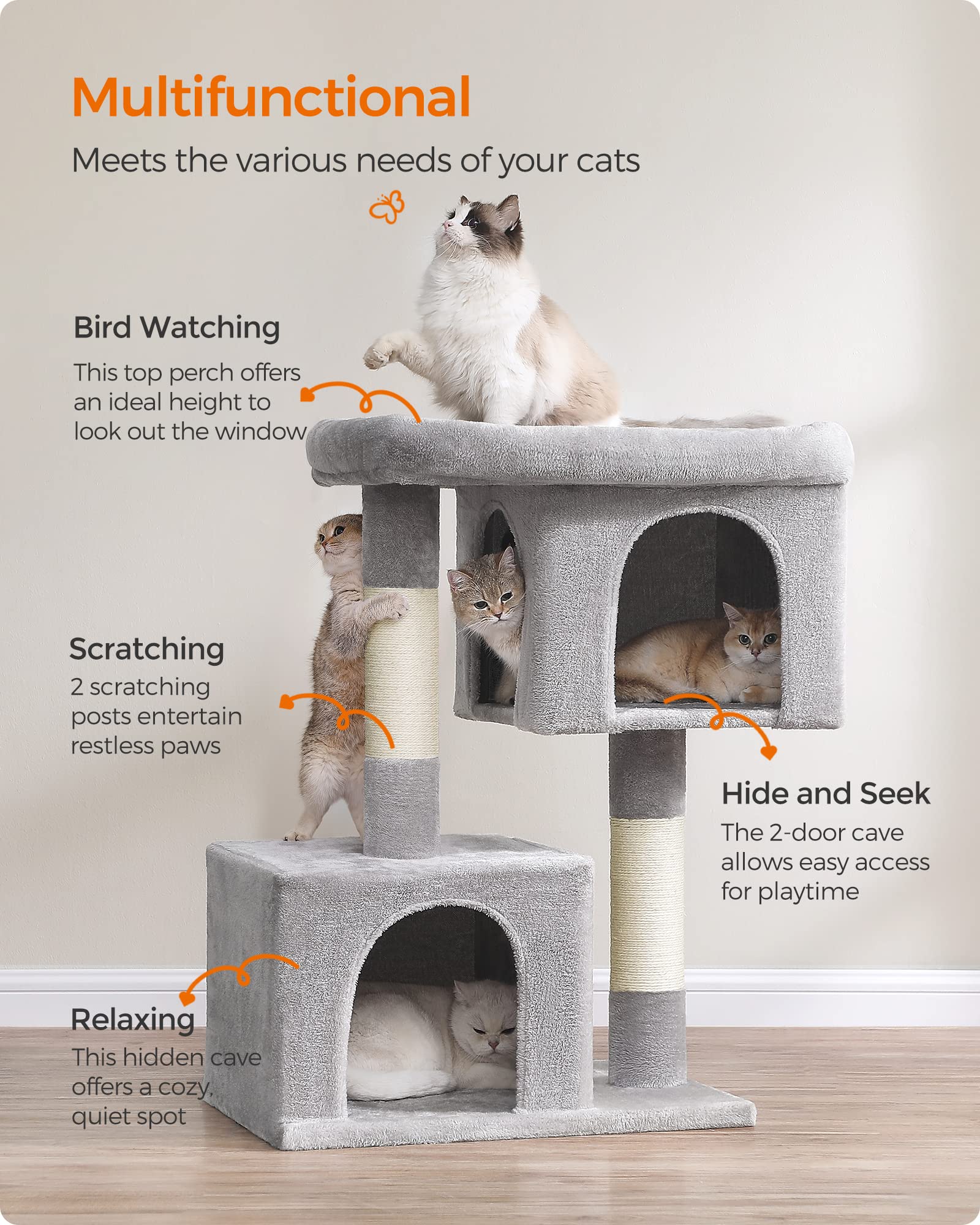 Feandrea cat tree climb-scratch-relax area invites play and scratching.