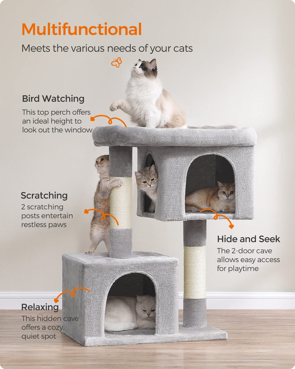 Feandrea cat tree climb-scratch-relax area invites play and scratching.