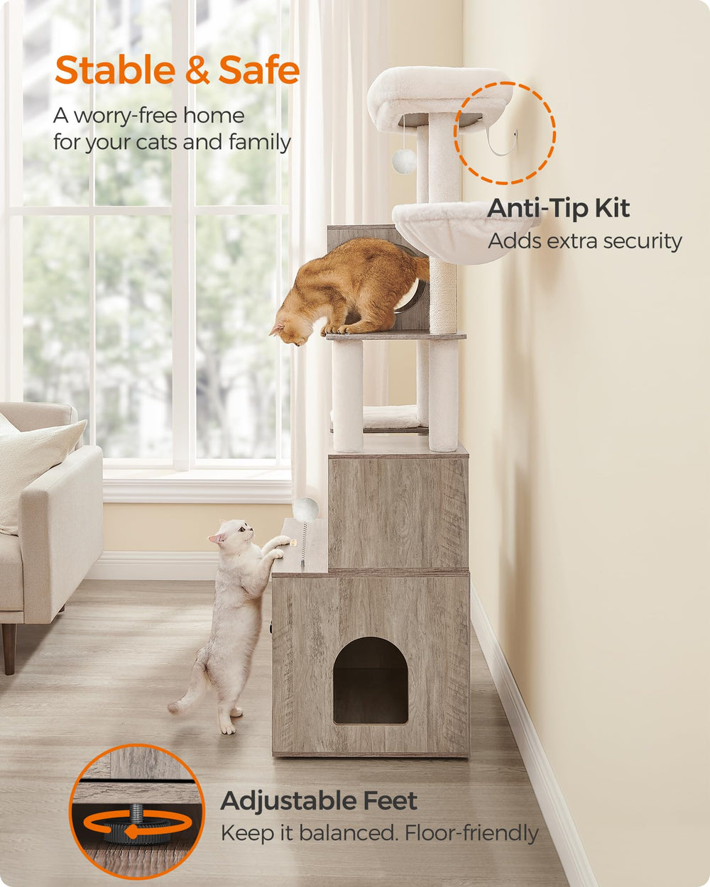 Feandrea cat tree blends Heather Greige and white with home decor