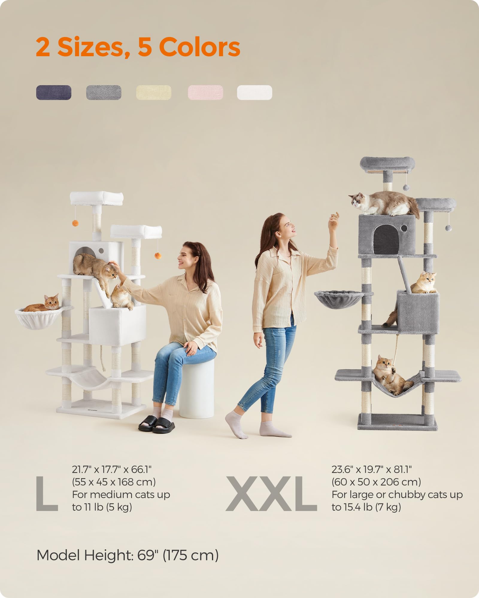 Feandrea cat tree shows easy-to-assemble, labeled parts for quick setup.