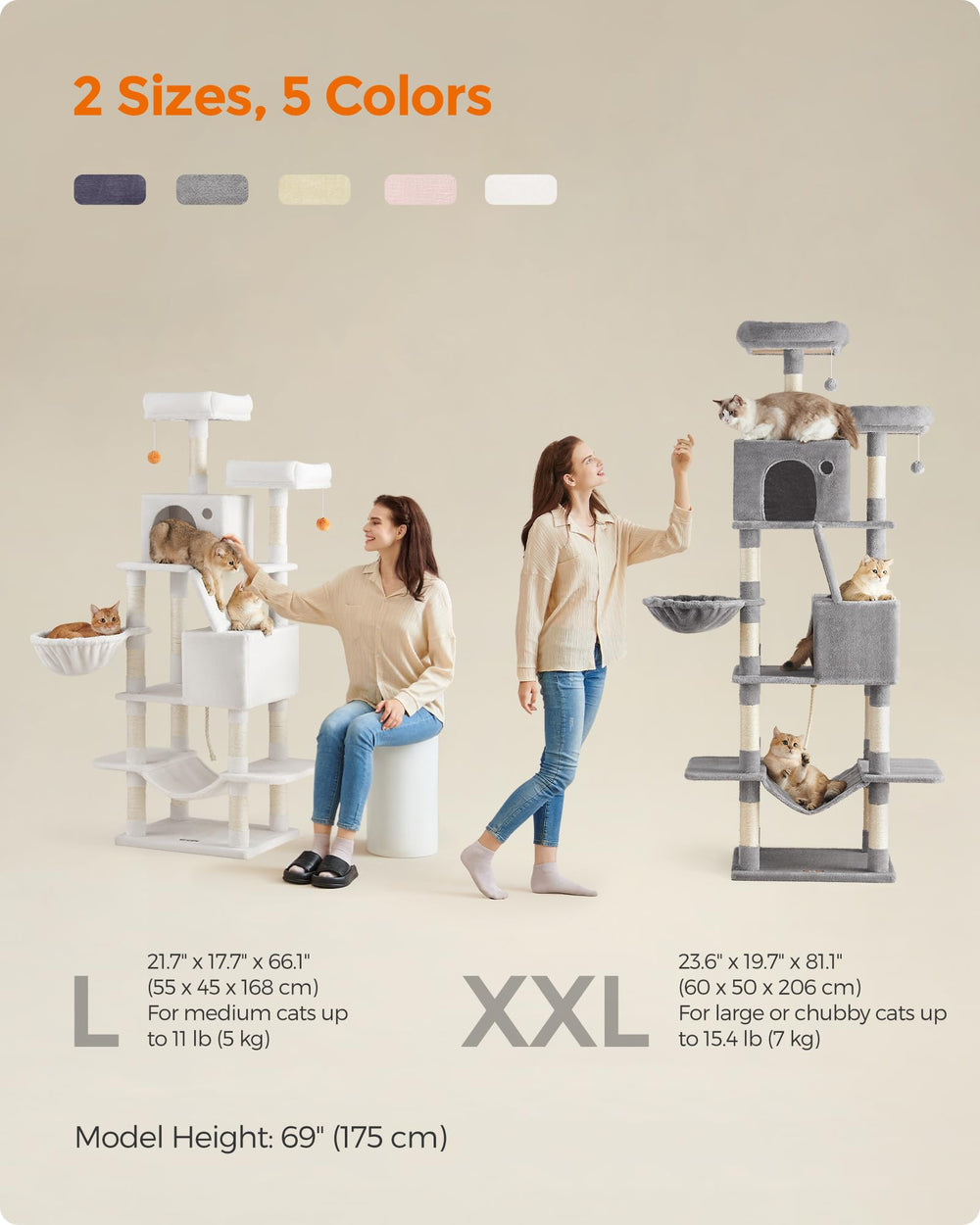 Feandrea cat tree shows easy-to-assemble, labeled parts for quick setup.