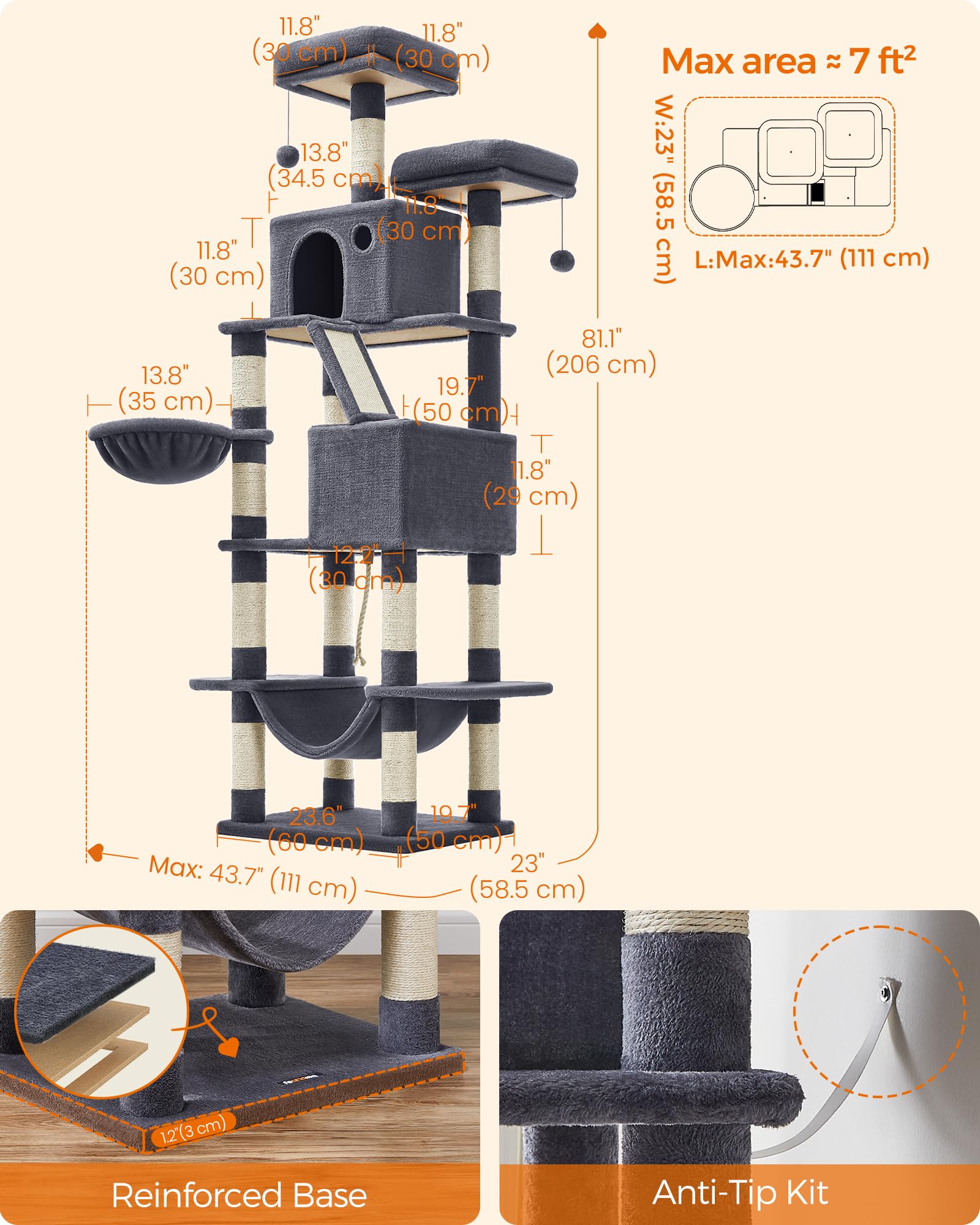 Feandrea cat tree easy assembly with labeled parts and simple steps