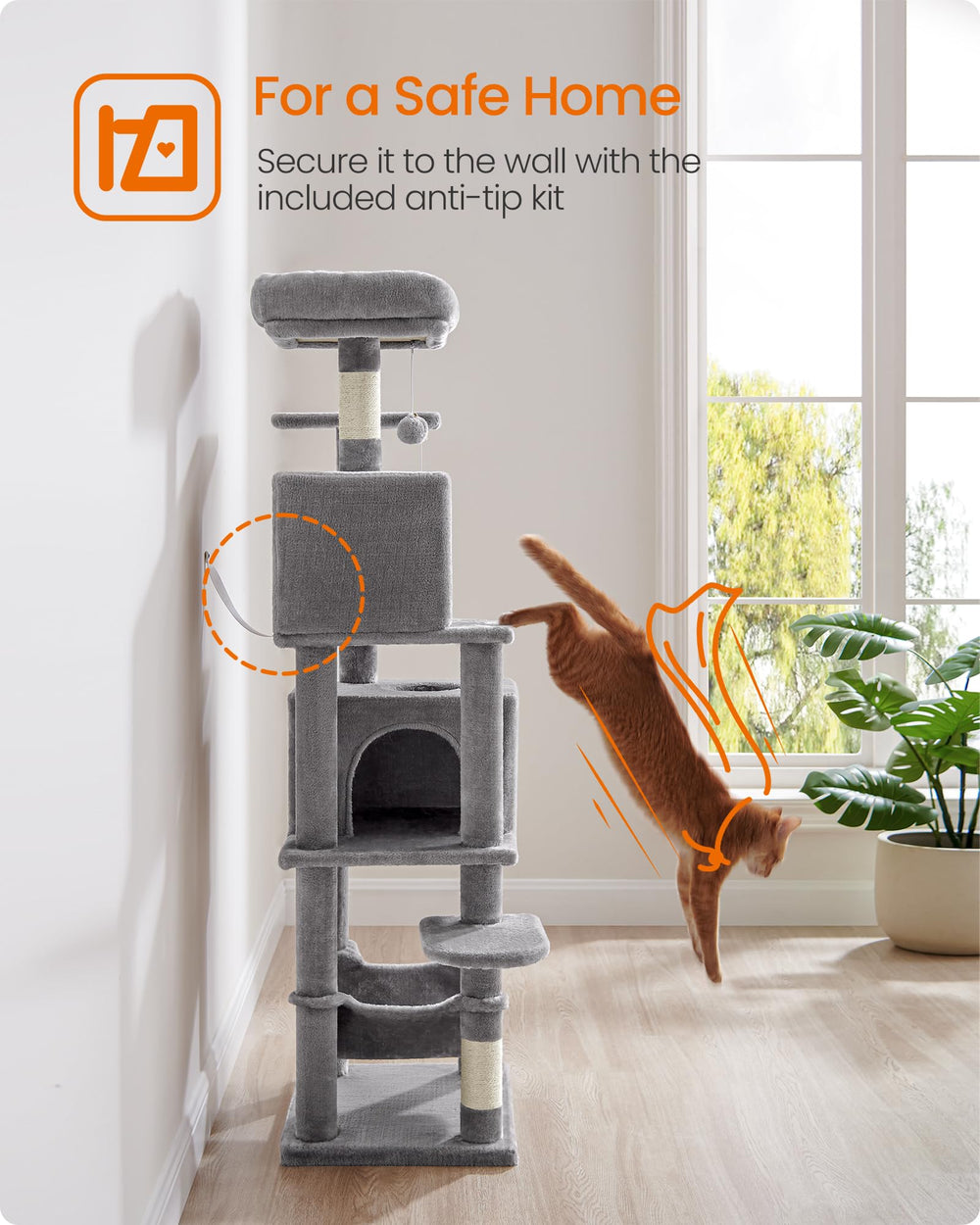 Feandrea cat tree easy-clean design helps quick fur and crumb removal.
