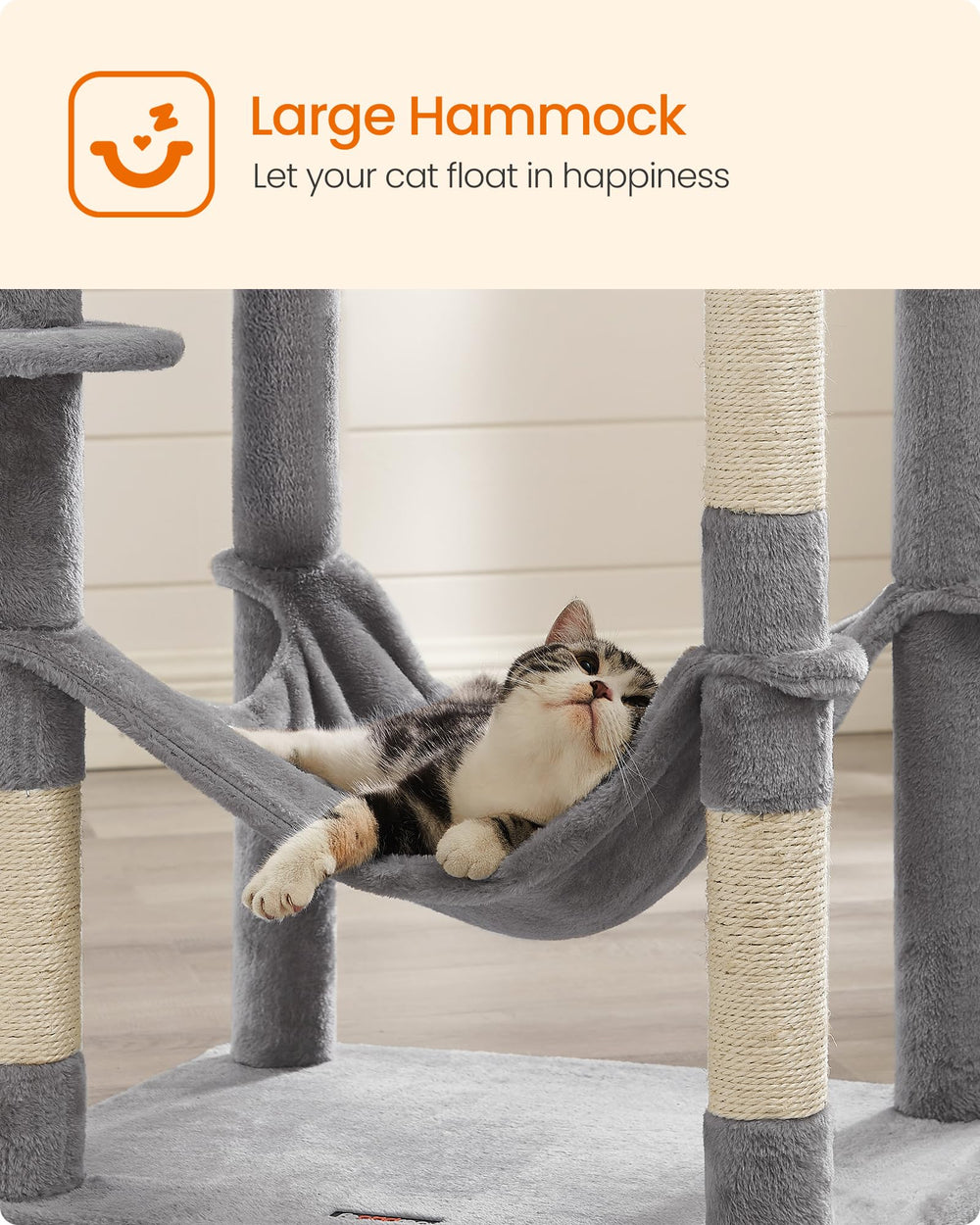Feandrea Cat Tree easy-clean plush surfaces wipe away fur.