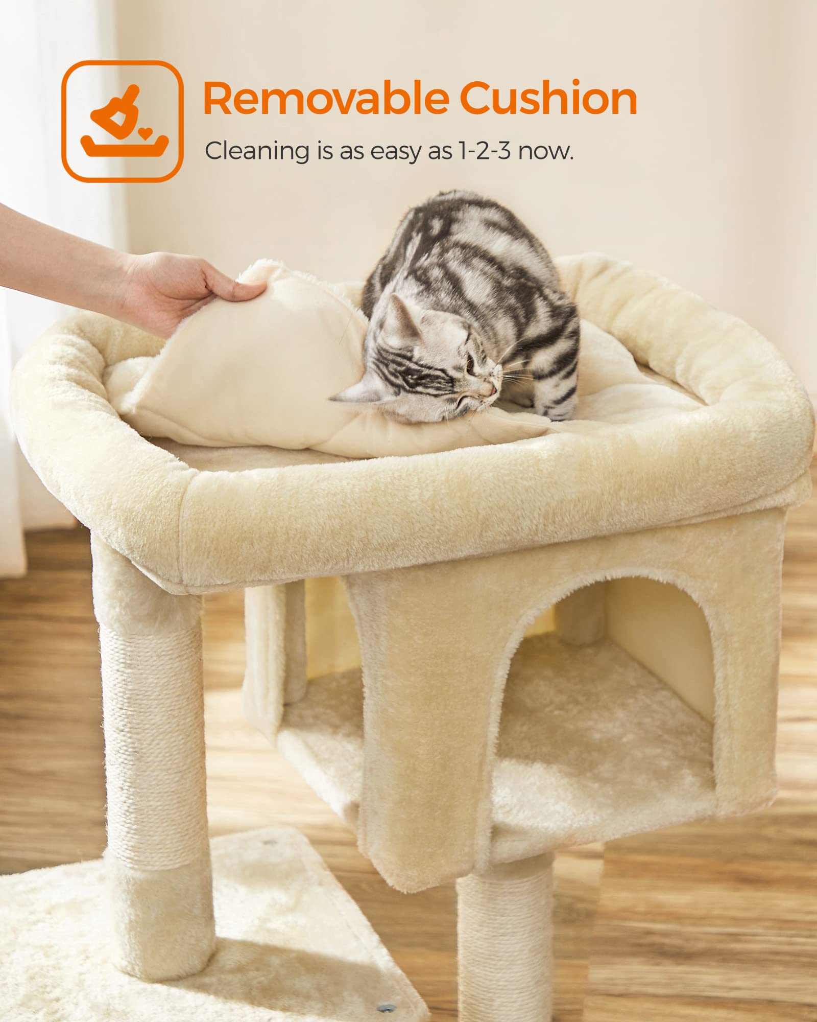 Feandrea cat tree easy cleaning with simple fur removal.