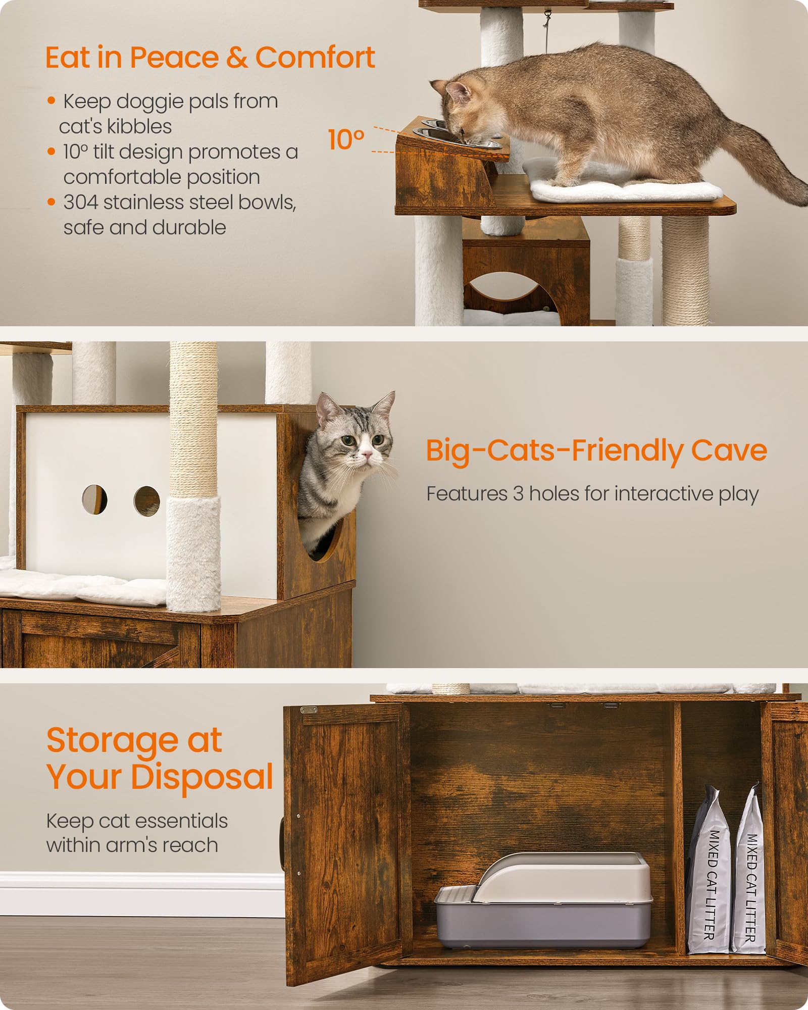 Feandrea Cat Tree Elevated Feeding Station keeps meals clean and accessible.