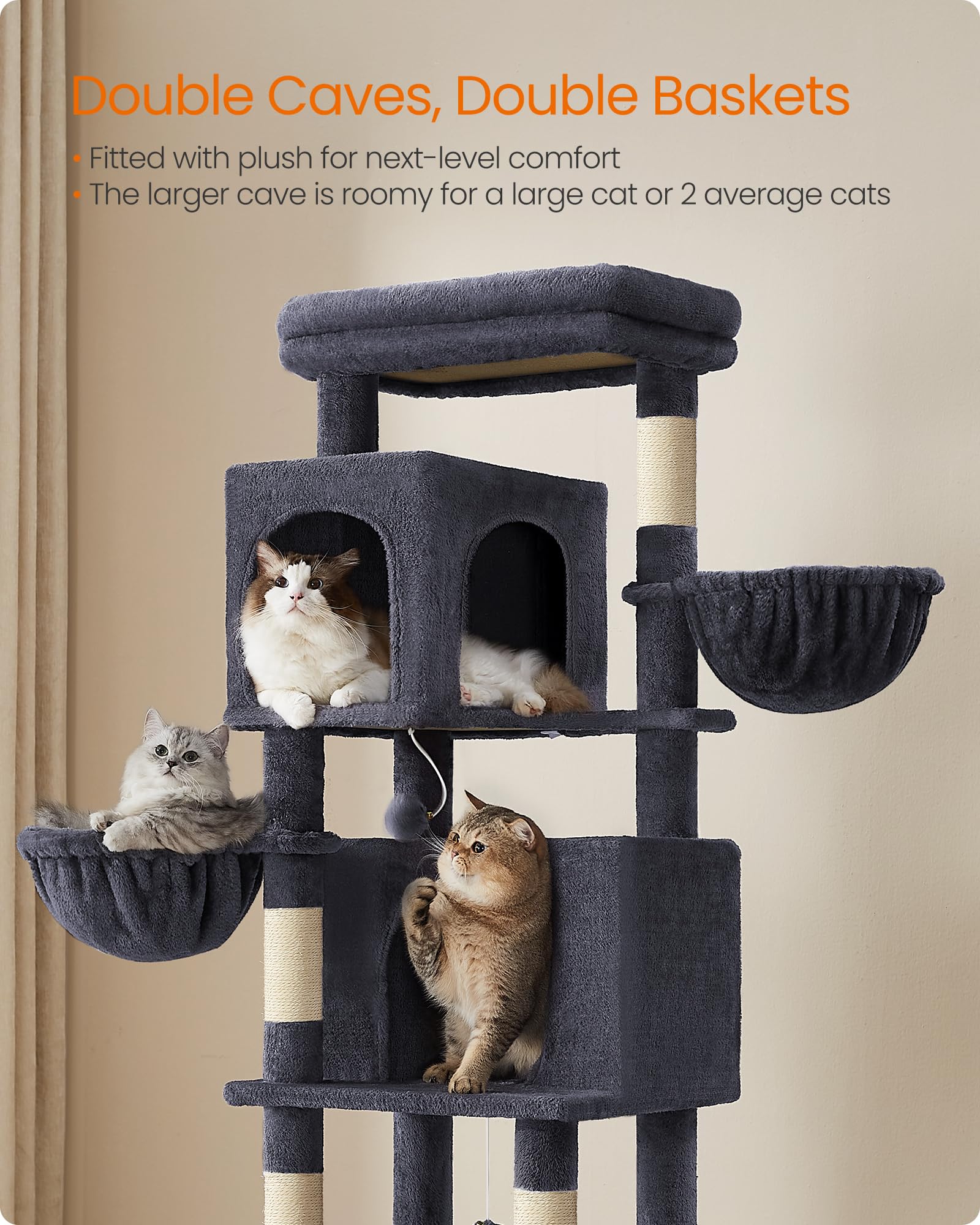 Feandrea cat tree five scratching posts encourage stretching and claw care.