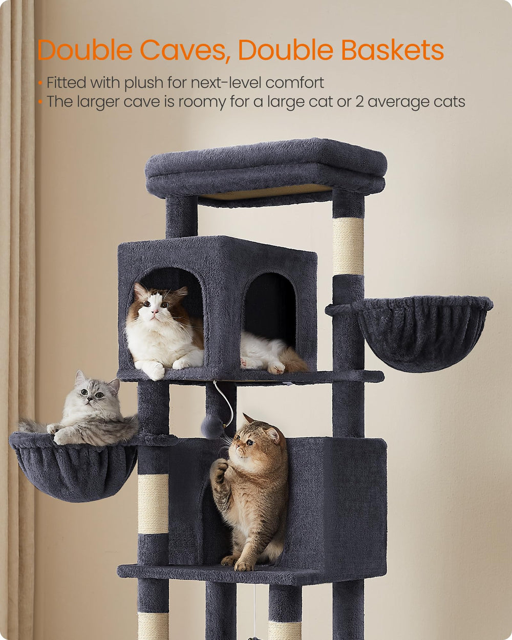 Feandrea cat tree five scratching posts encourage stretching and claw care.