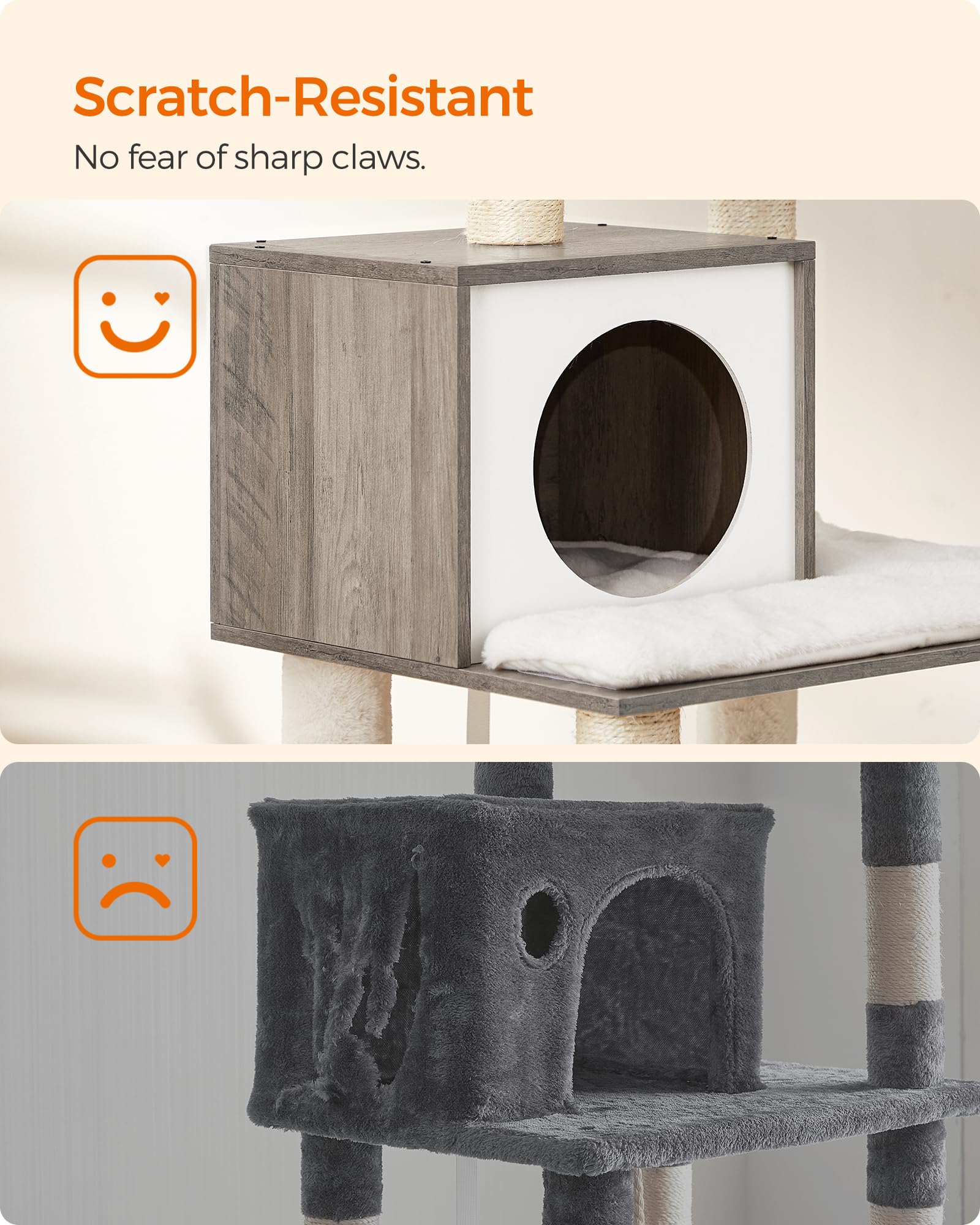 Feandrea cat tree supports up to four cats with safe climbing.