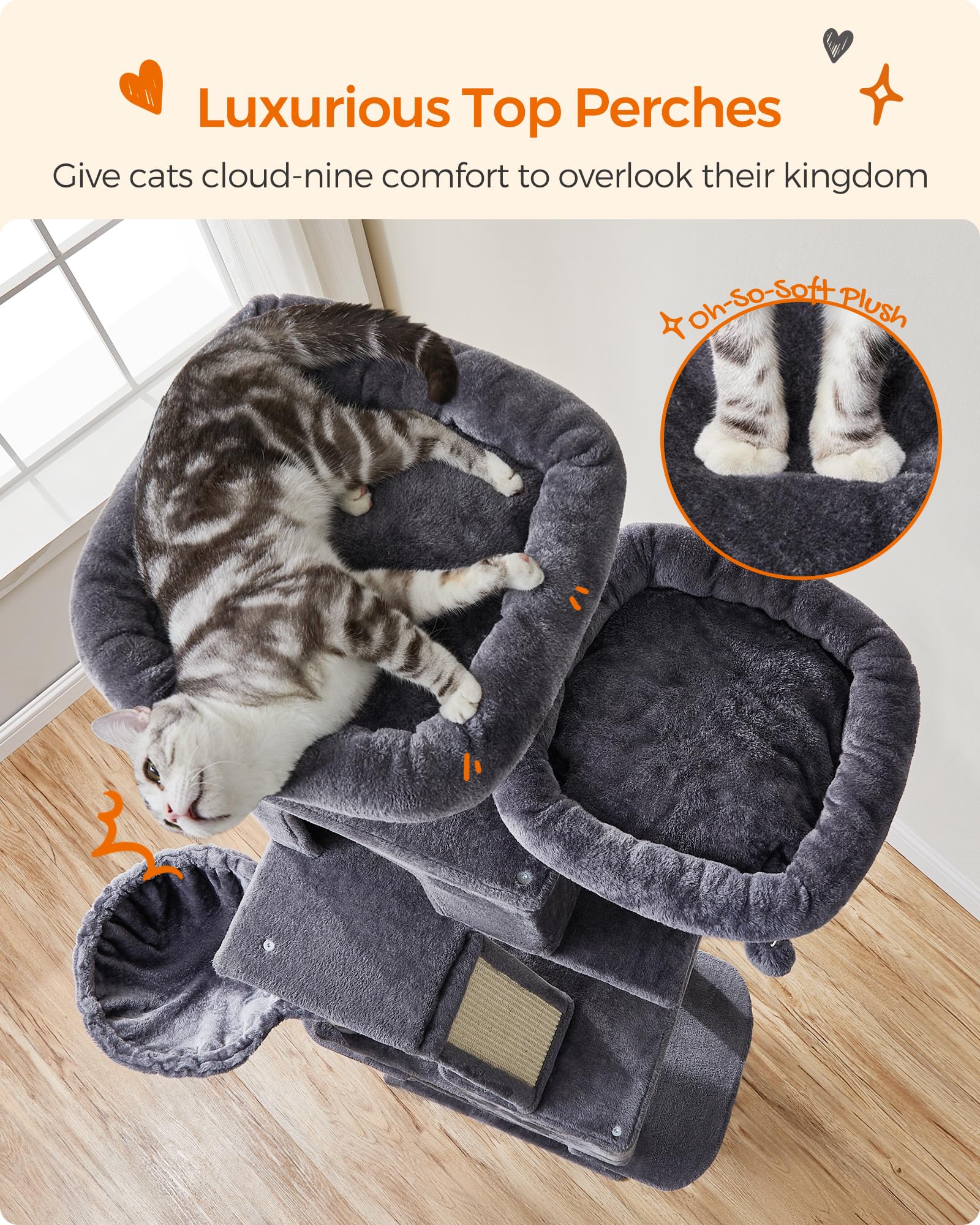Feandrea cat tree features fourteen scratching zones to keep claws active