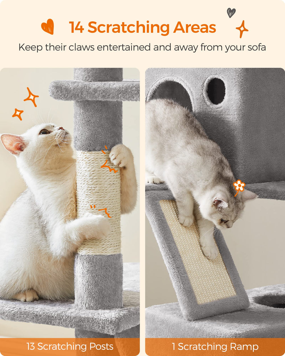 Feandrea cat tree provides fourteen scratching zones to protect furniture.