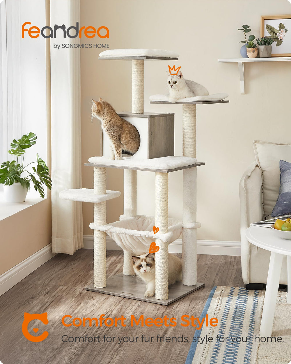 Feandrea cat tree hammock provides a cozy nap spot for pets.