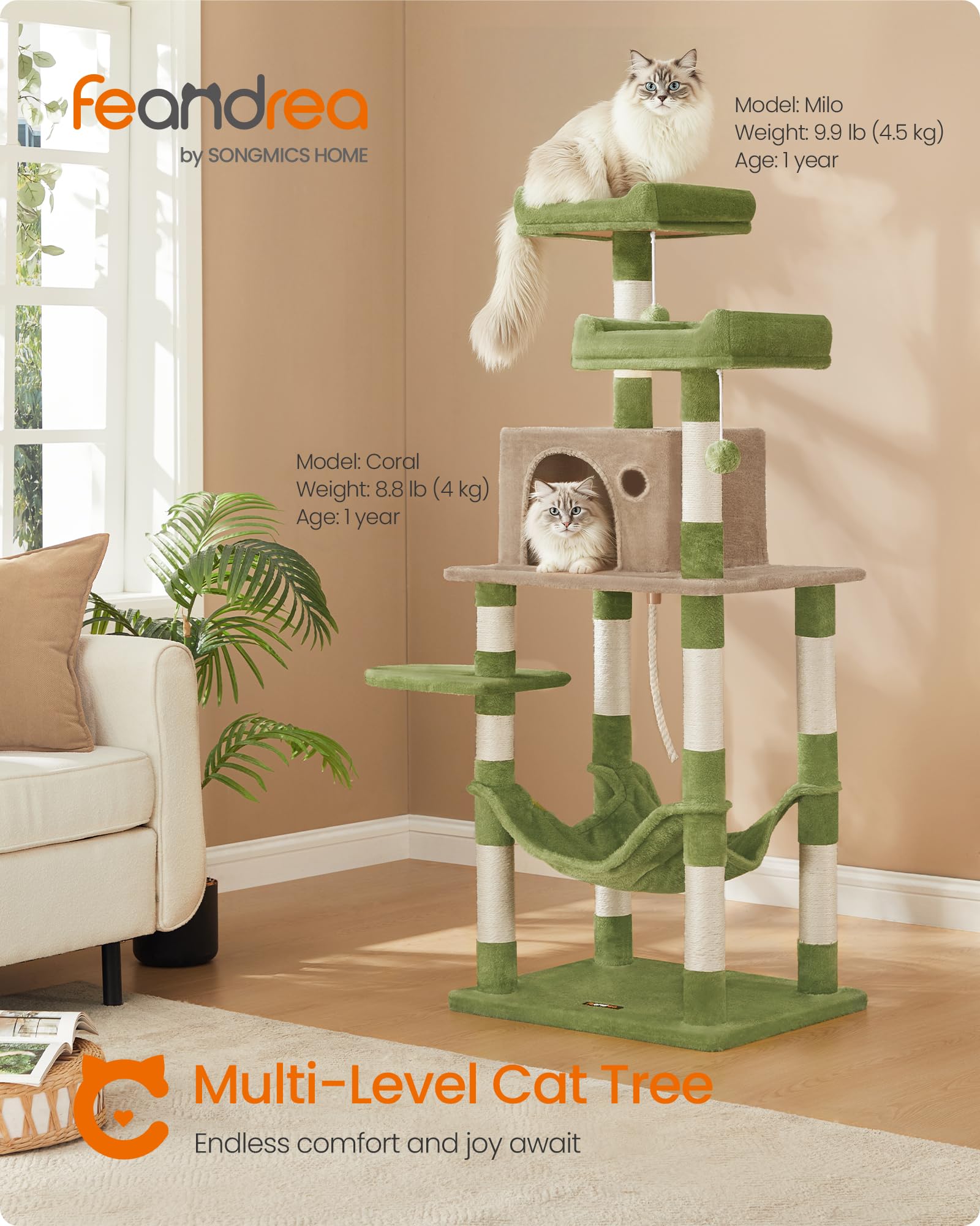Feandrea cat tree hammock provides plush comfort for lazy afternoon naps.