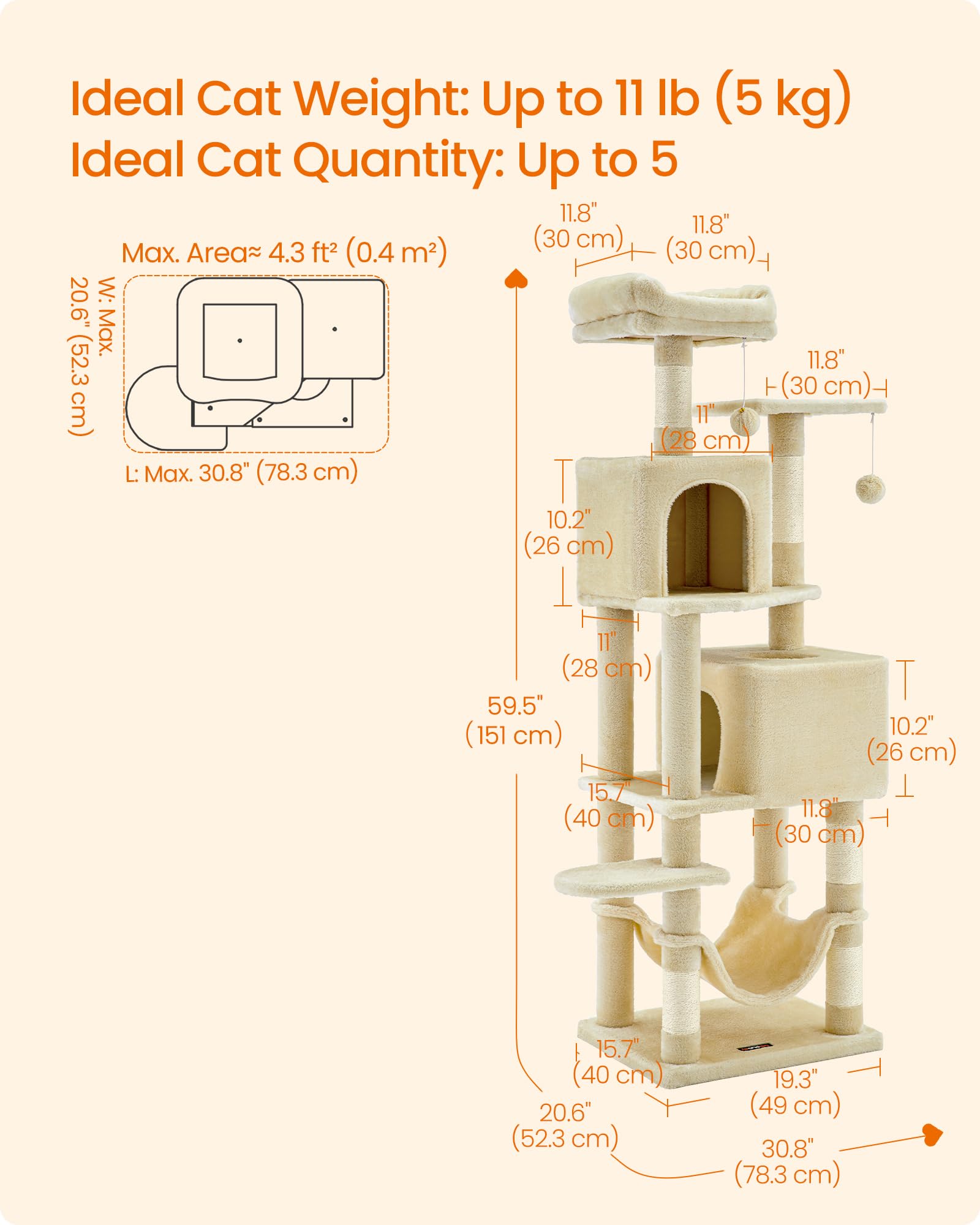 Feandrea cat tree hammock offers a relaxing resting area.