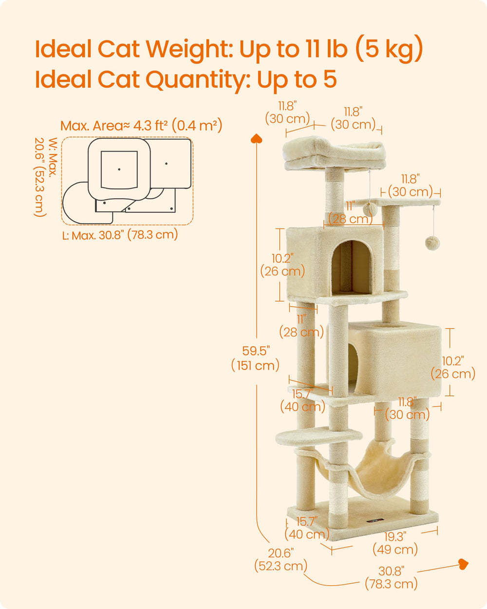 Feandrea cat tree hammock offers a relaxing resting area.