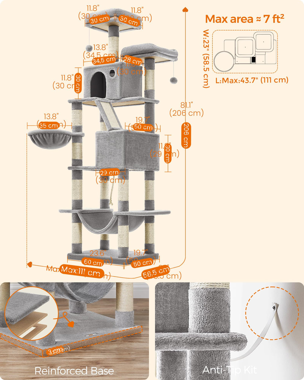 Feandrea cat tree features a hammock for mid-climb lounging.