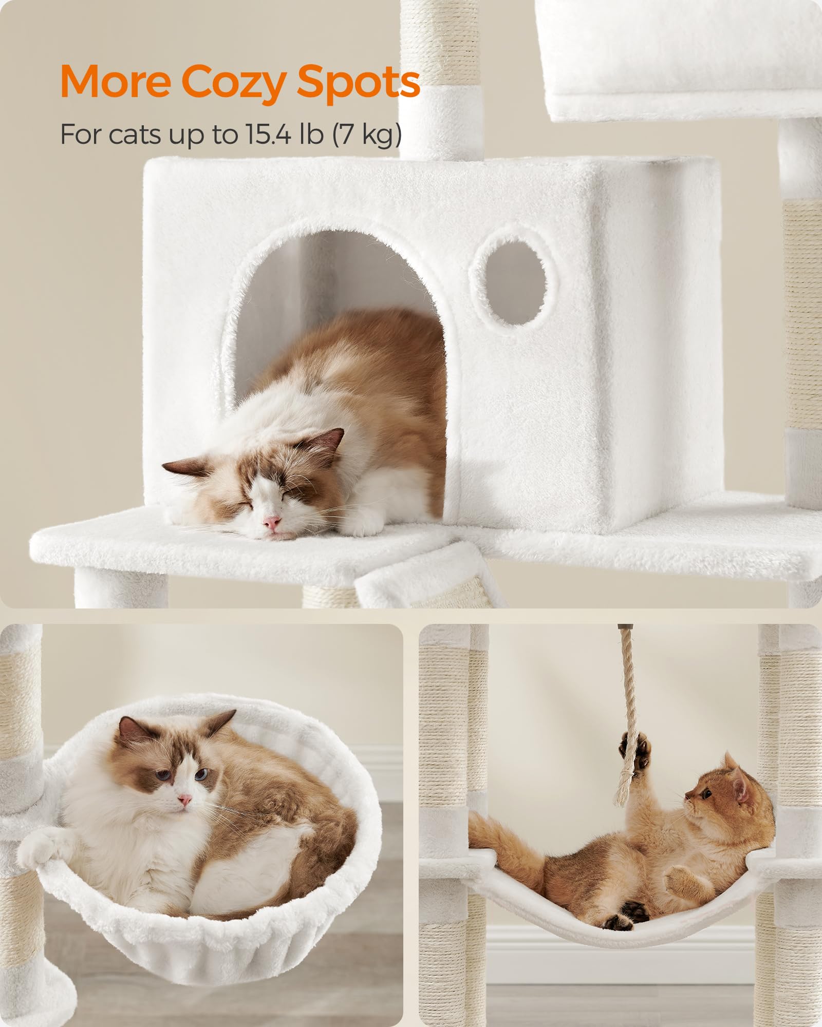 Feandrea cat tree includes a hammock for relaxed lounging from above.