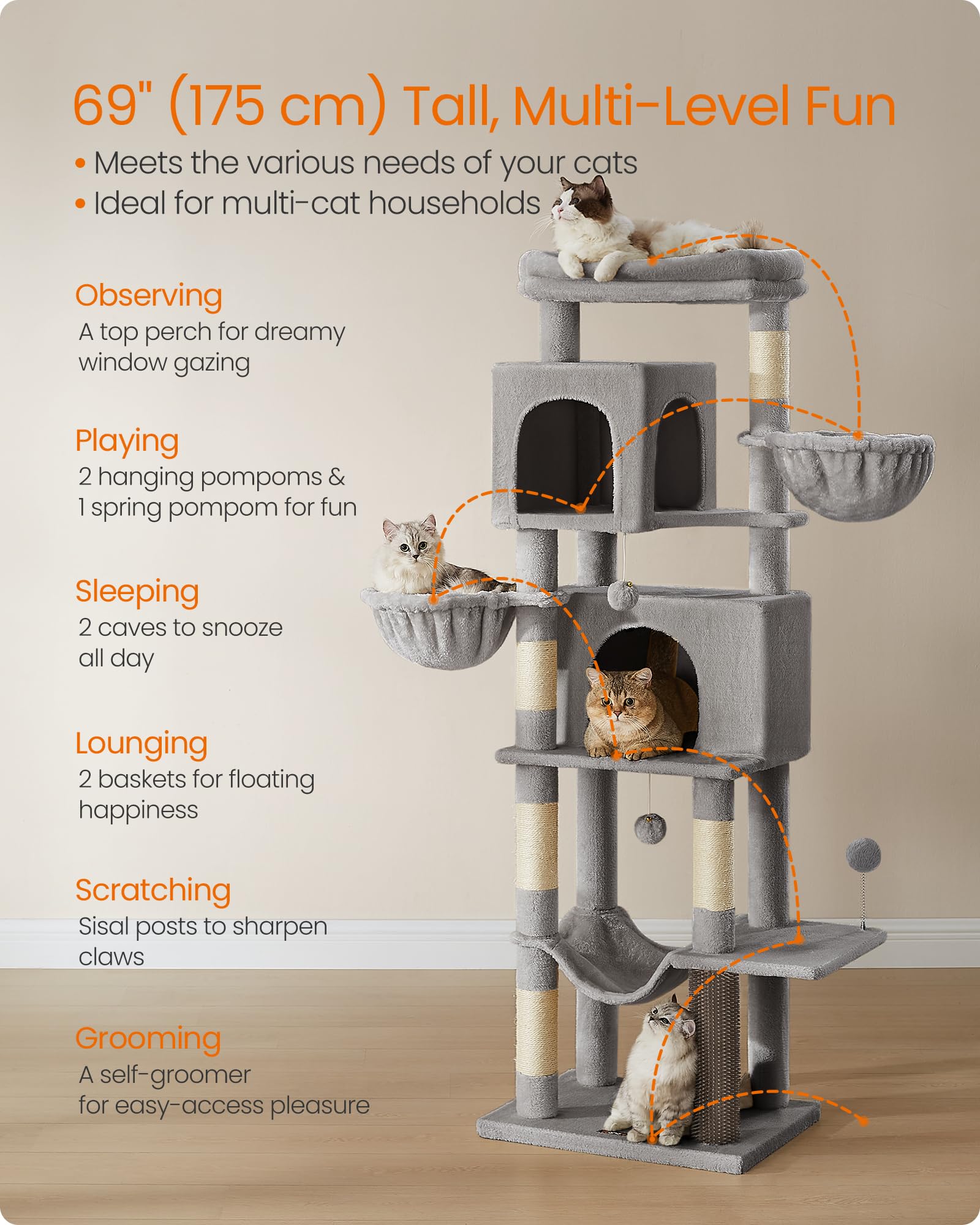 Feandrea cat tree hanging baskets for elevated lounging and observation