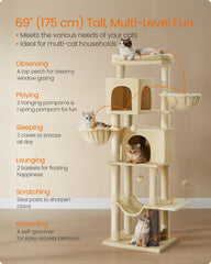 Feandrea cat tree showing hanging baskets and hammock for relaxation