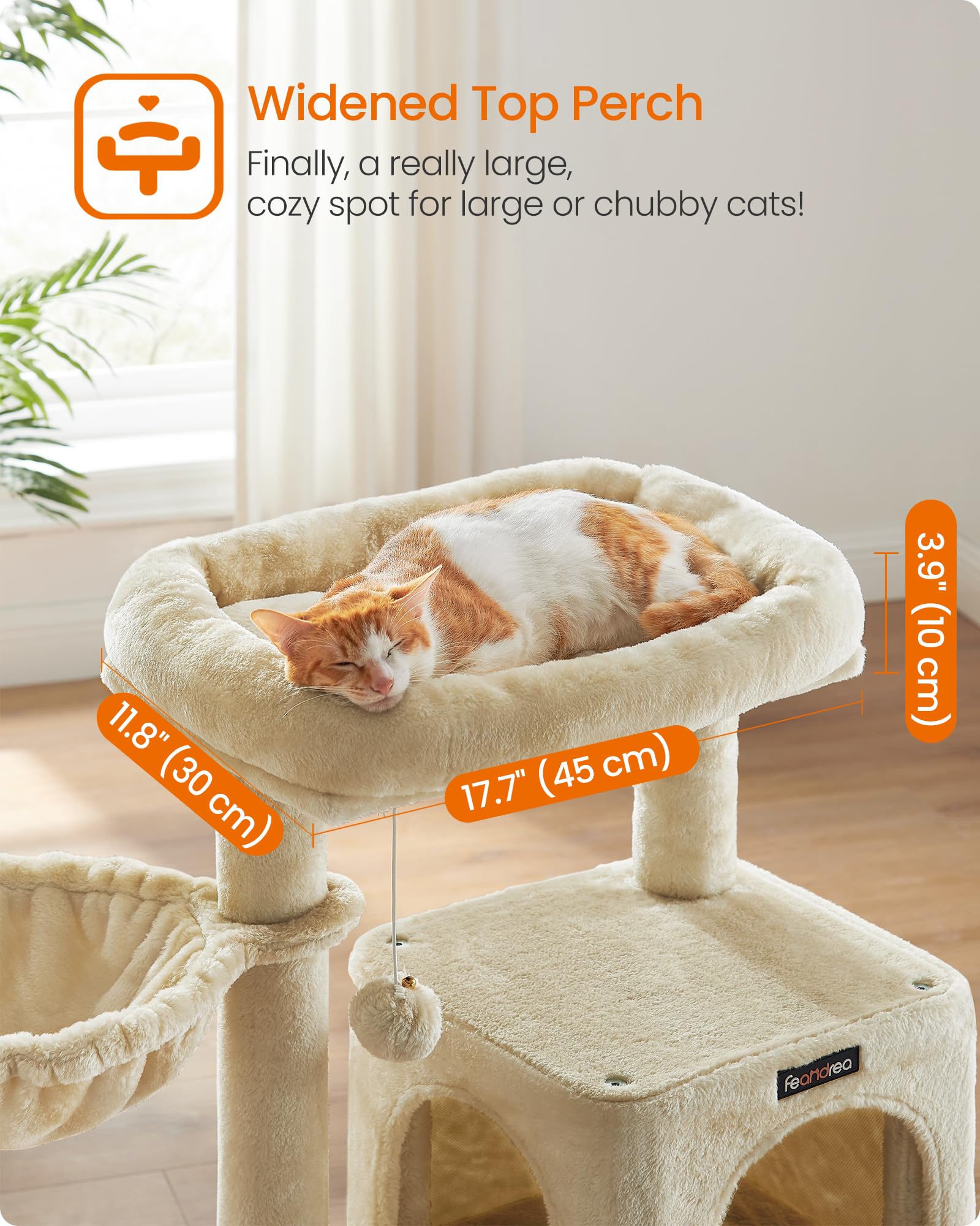 Feandrea Cat Tree includes fuzzy pompom for playful batting and chasing