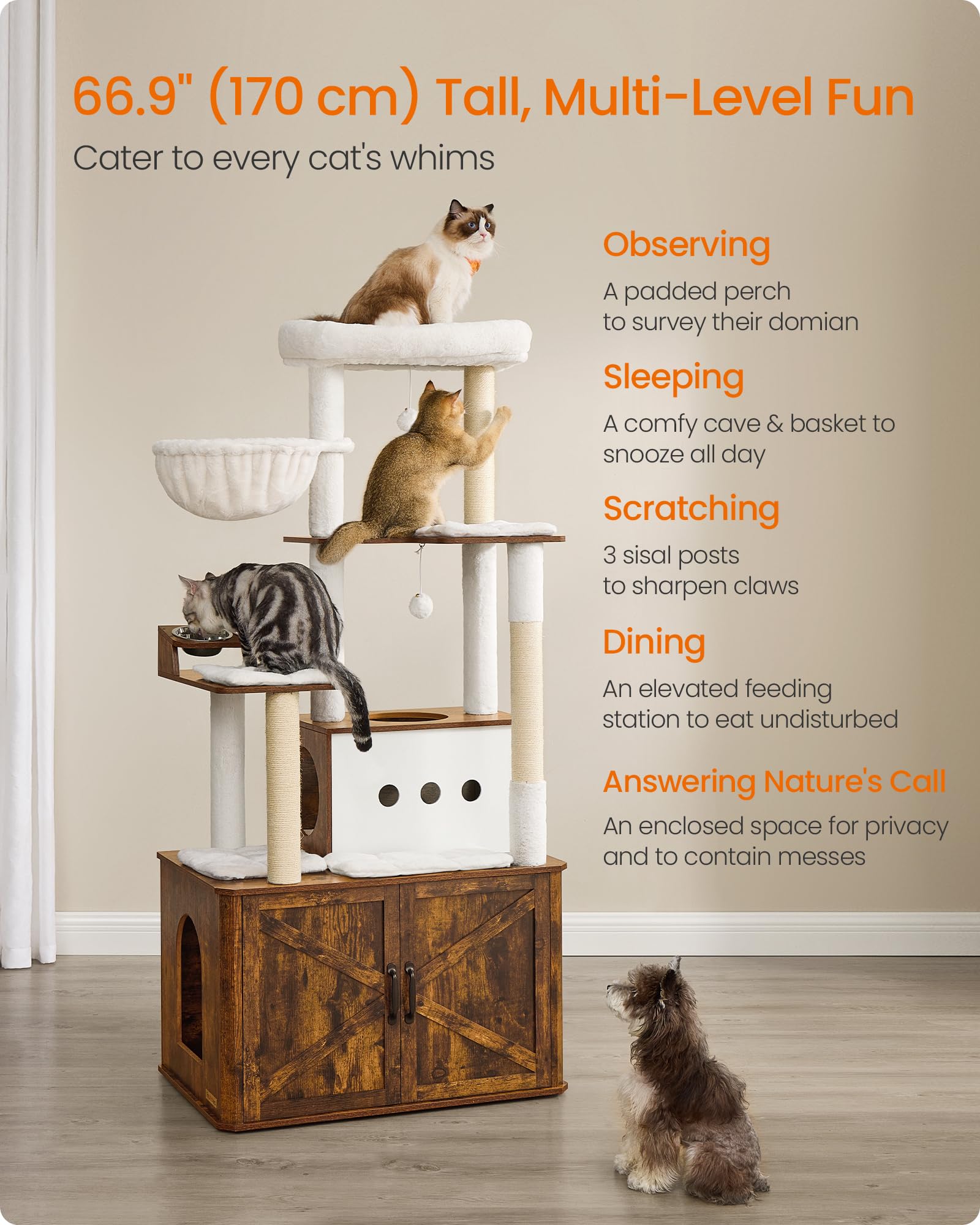 Feandrea Cat Tree Large Condo provides roomy rest spaces for bigger cats.