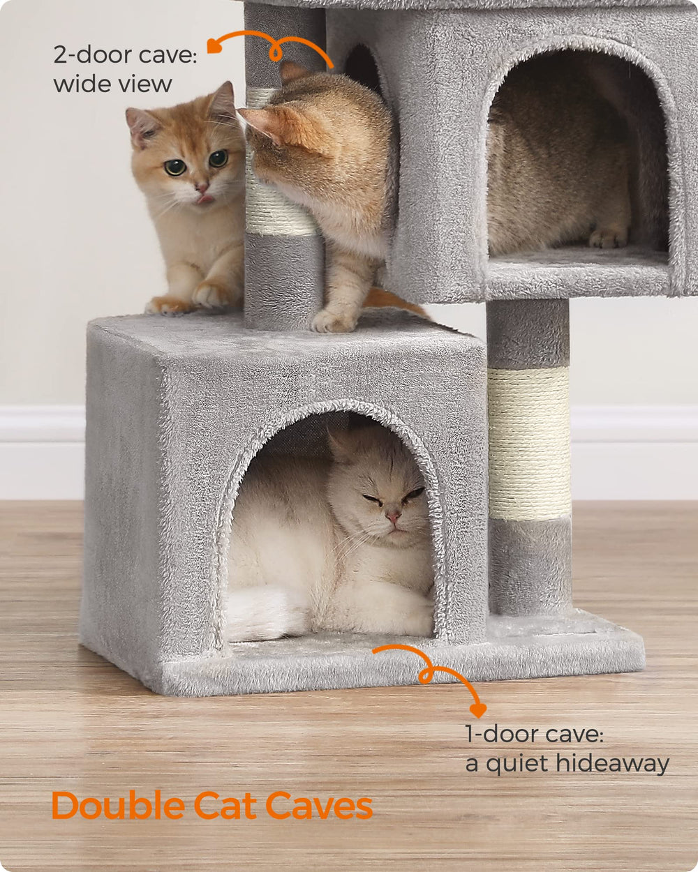 Feandrea cat tree light gray finish blends into small spaces.