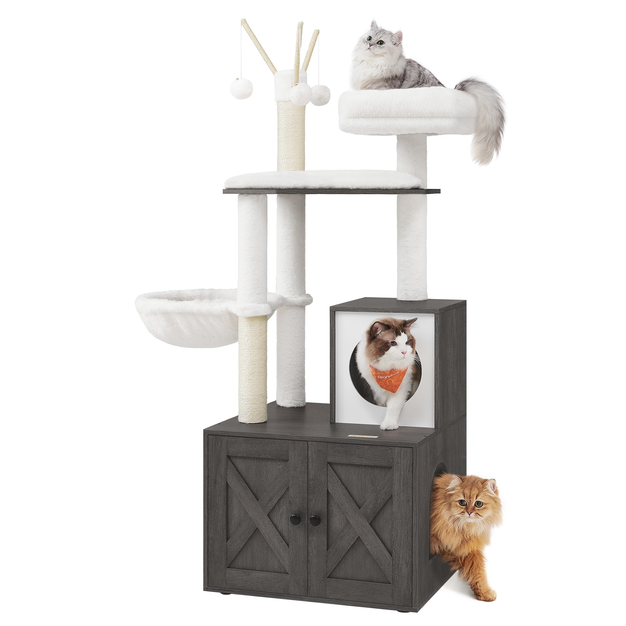 Feandrea cat tree with litter box enclosure front view, space-saving corner solution