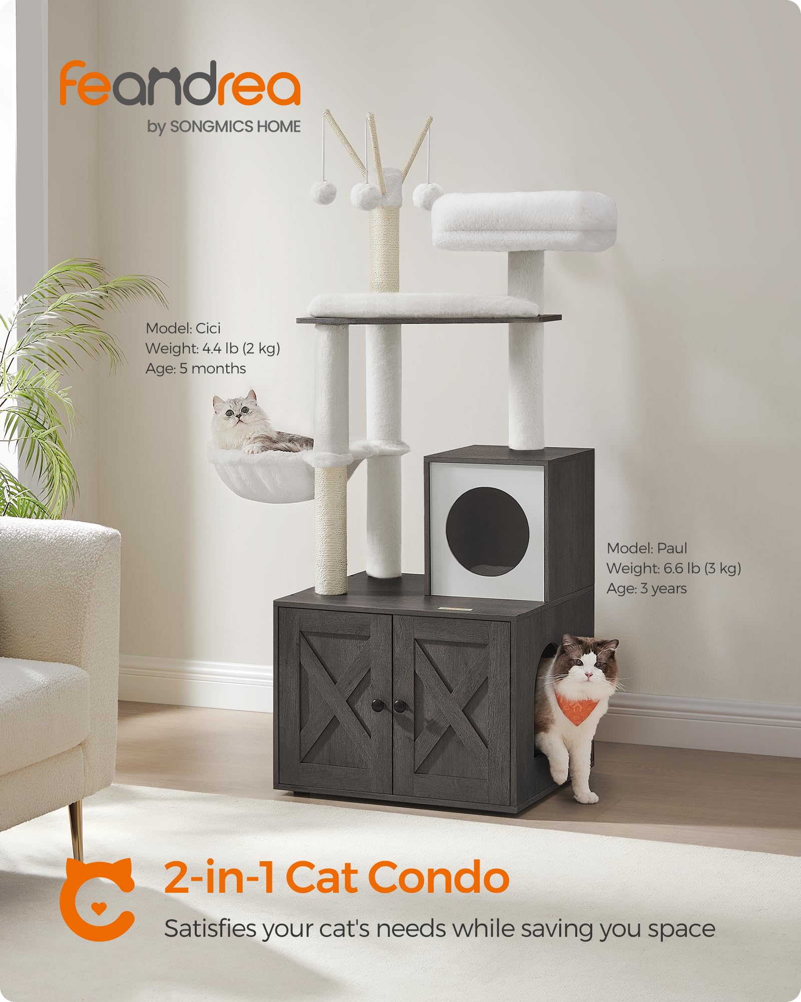 Feandrea cat tree with litter box enclosure side view, blends with modern decor