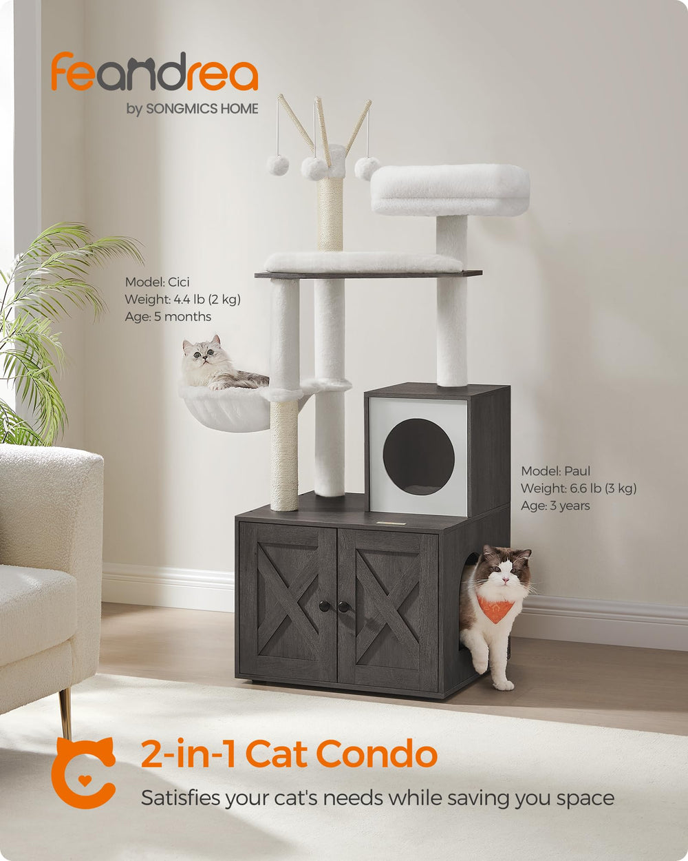 Feandrea cat tree with litter box enclosure side view, blends with modern decor