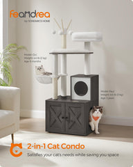 Feandrea cat tree with litter box enclosure side view, blends with modern decor