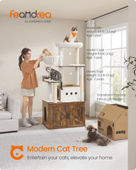 Feandrea Cat Tree Litter Box Enclosure helps keep litter contained and paws away.