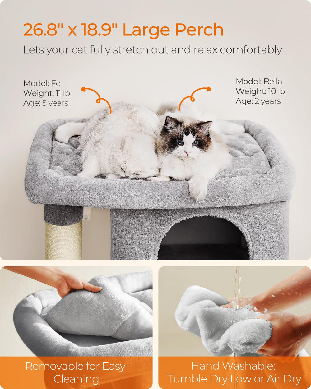 Feandrea cat tree lower cave serves as a nap hideaway.