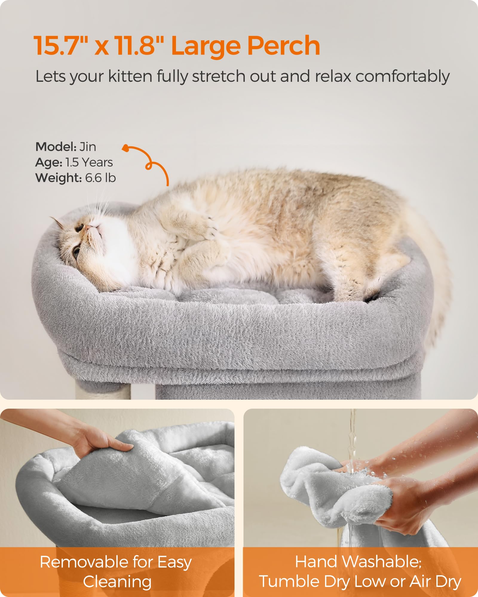 Feandrea cat tree lower single-door cave creates a cozy nap hideaway.