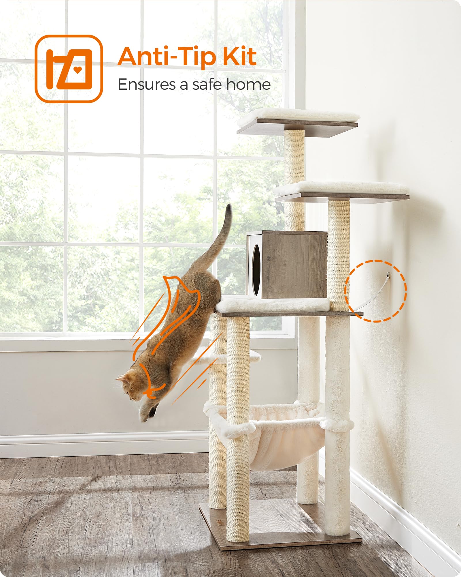 Feandrea cat tree modern design in Heather Greige enhances room style.