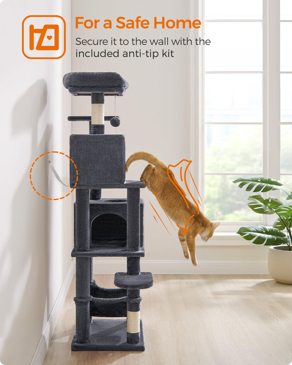 Feandrea 59.5-inch cat tree suited for multiple cats in shared spaces.