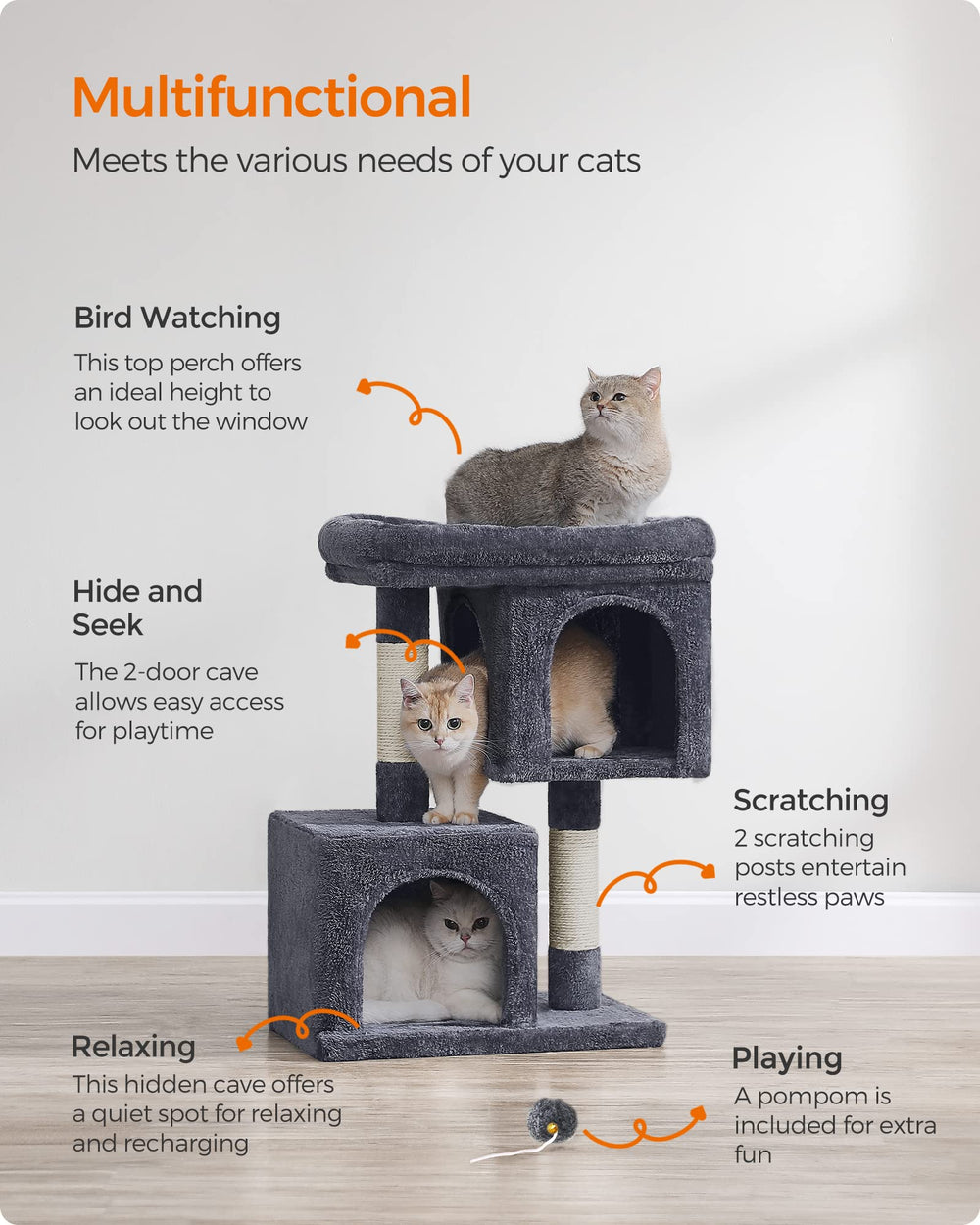 Feandrea cat tree multi-level design supporting climbing, scratching, and relaxation