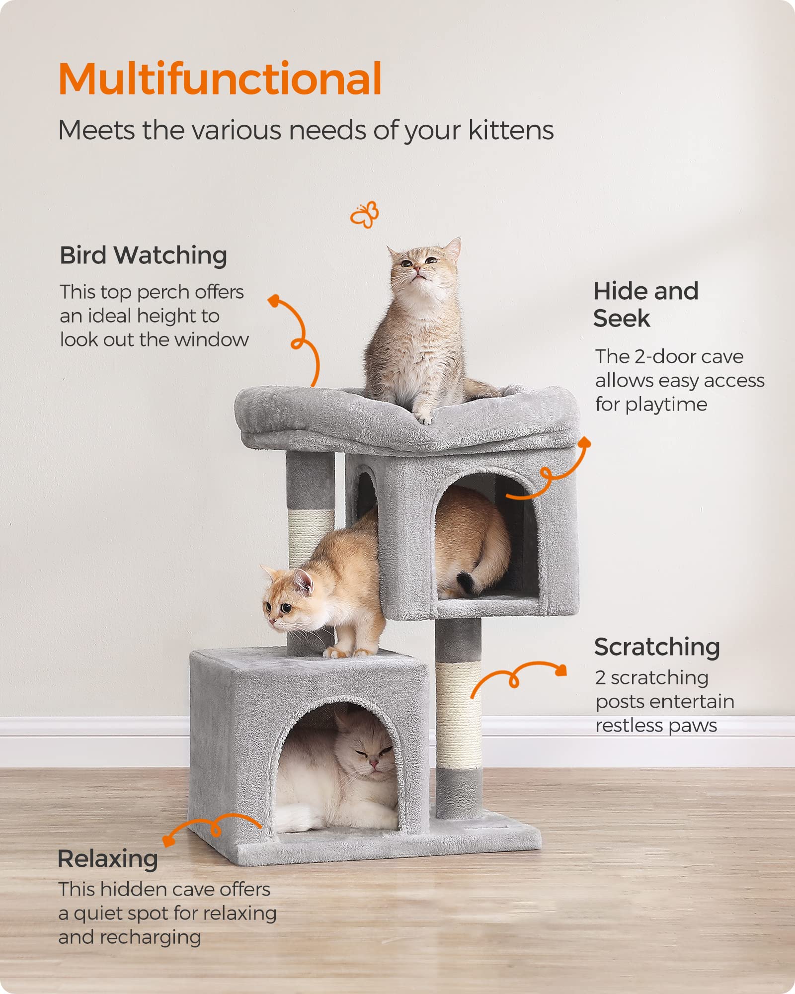 Feandrea cat tree multi-level design encourages climbing and exploration.