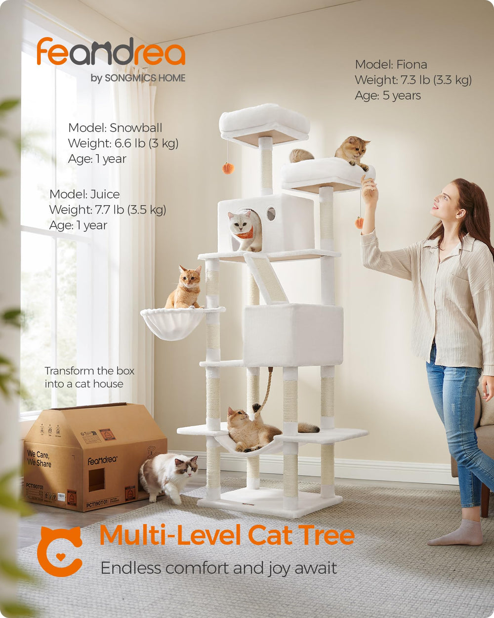 Feandrea cat tree with multiple levels and perches for lounging and observation.