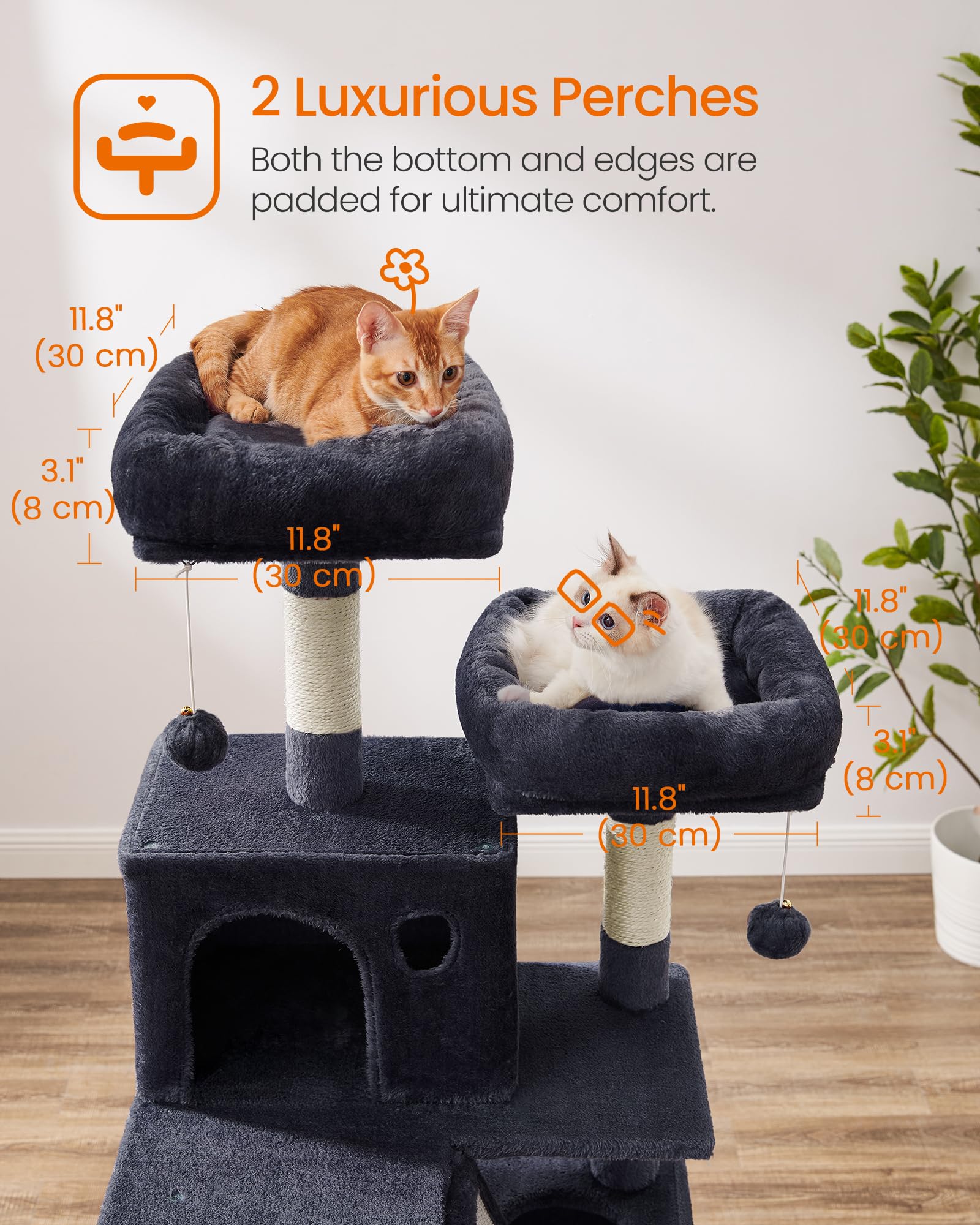 Feandrea cat tree with multiple scratching zones helps protect furniture.