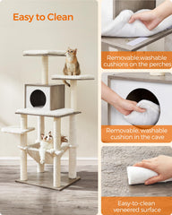 Feandrea cat tree plush cushions deliver ultra-soft comfort for lounging.