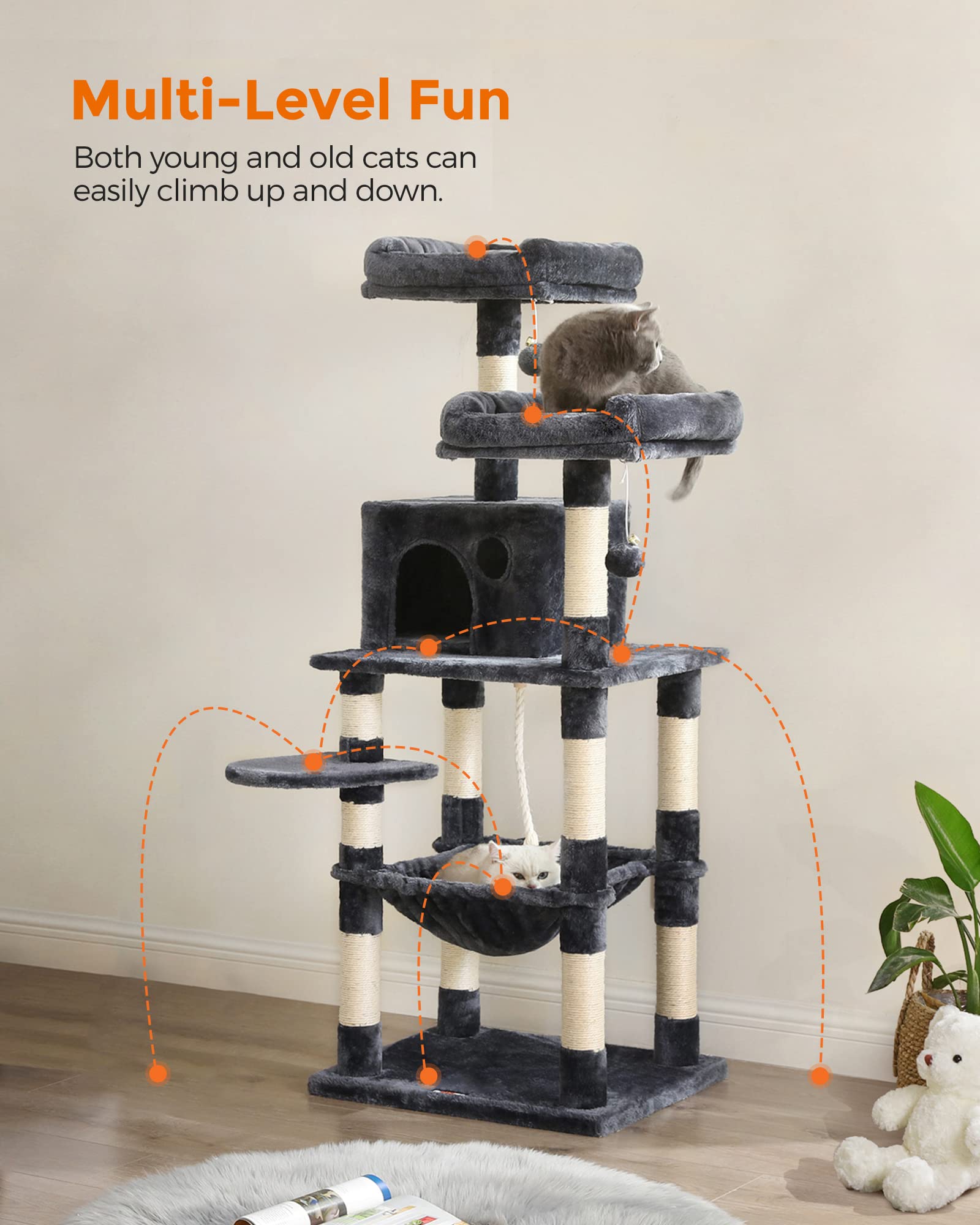 Feandrea Cat Tree plush hammock invites extended lounging and snuggly naps.