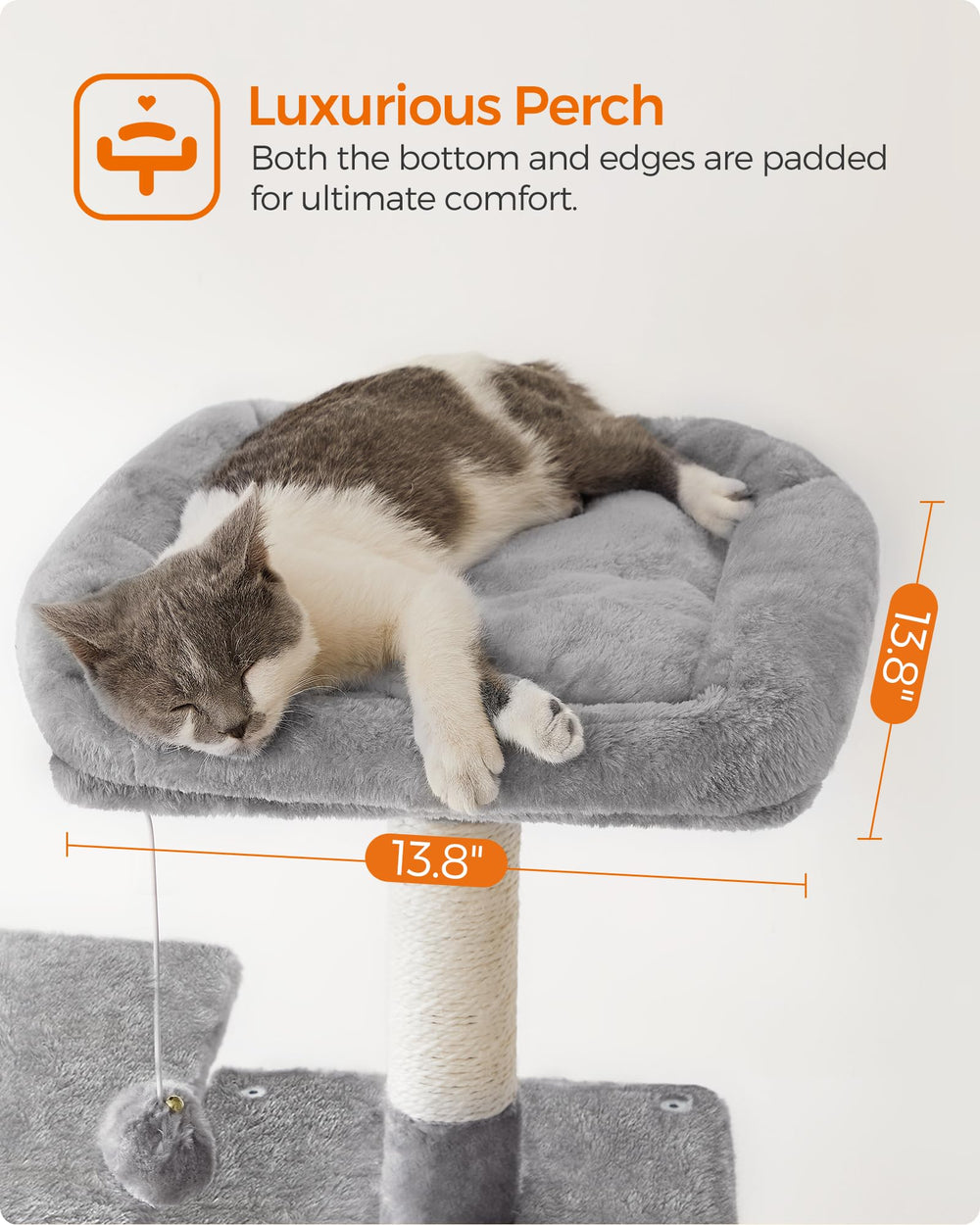 Feandrea cat tree includes 2 pompoms with bells for playful swats