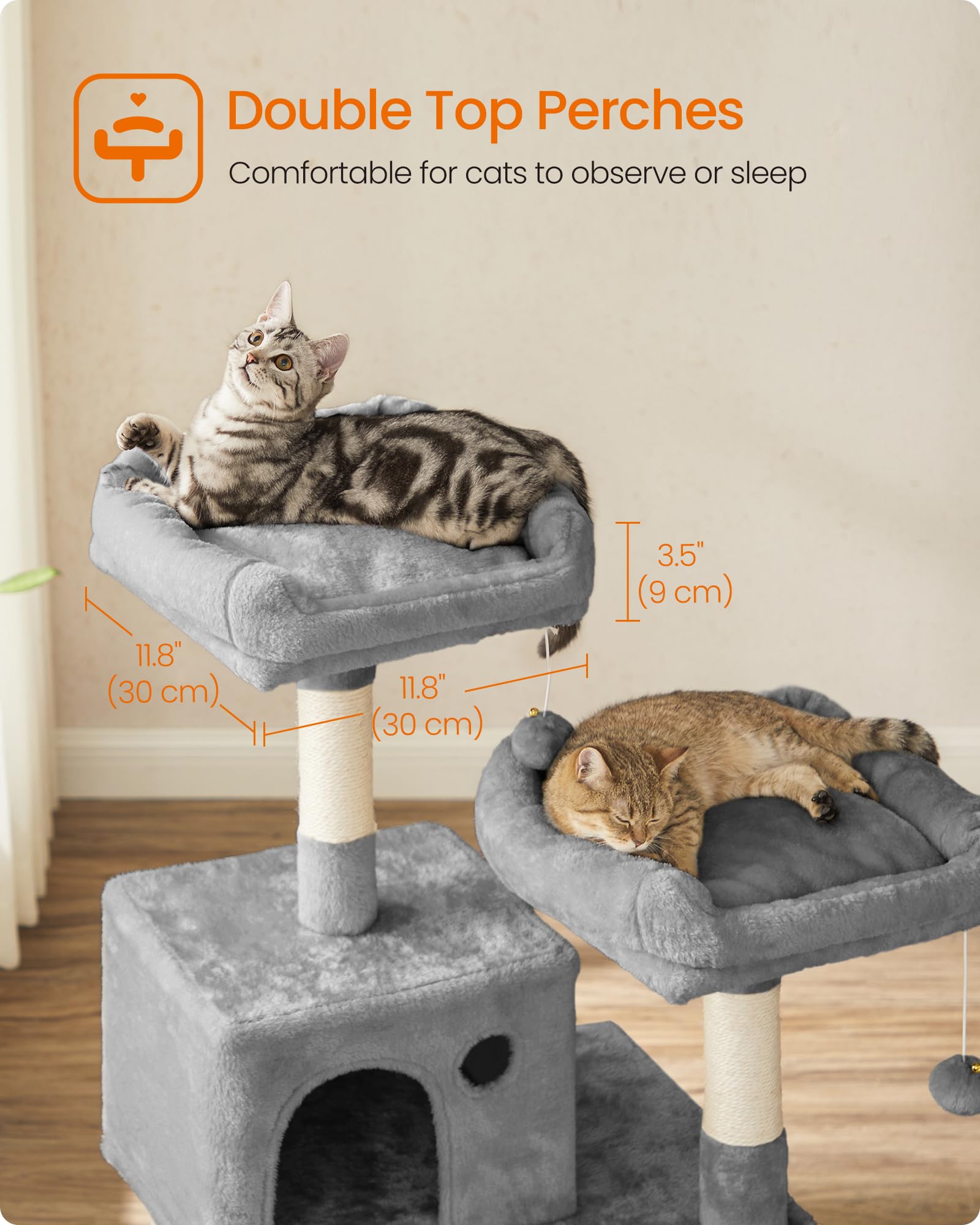 Feandrea cat tree includes two pompoms and a rope for playful batting.