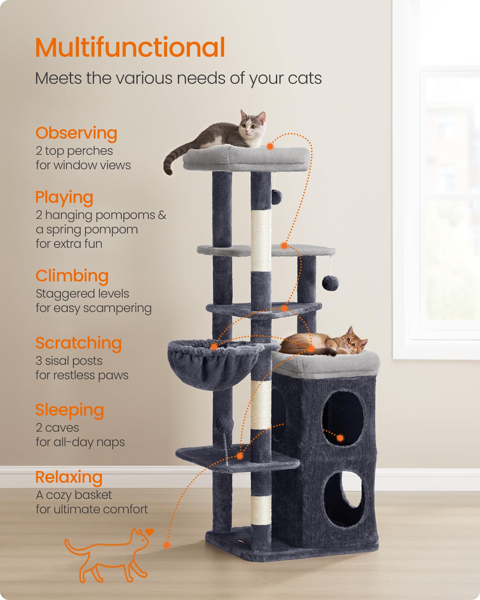 Feandrea cat-tree pompoms add interactive, wag-free fun for cats