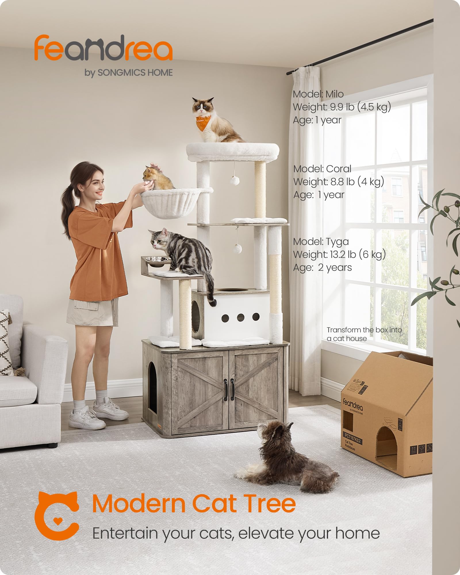 Feandrea Cat Tree with raised food bowls supports comfortable feeding