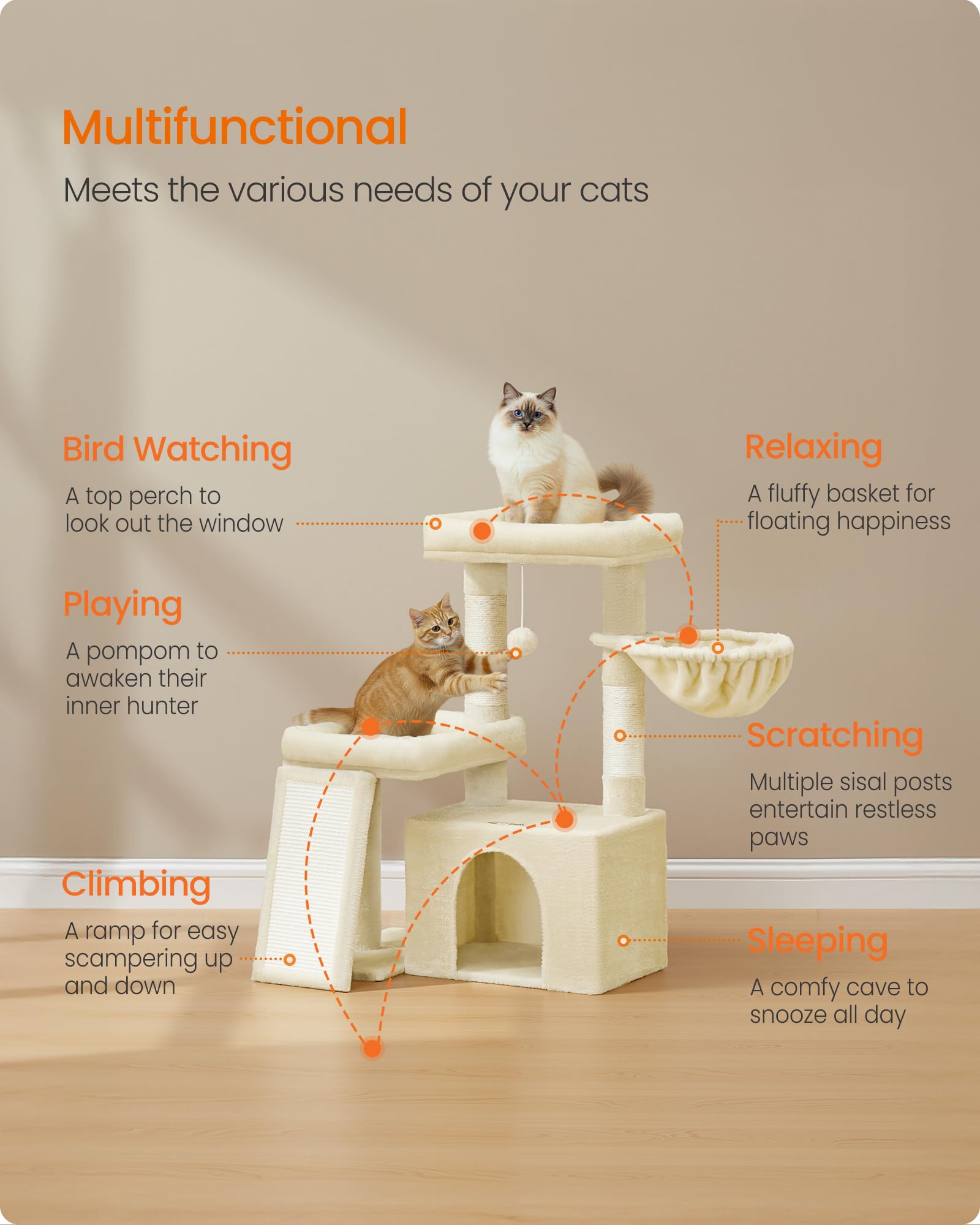 Feandrea cat tree ramp and levels enabling easy climbing for all ages