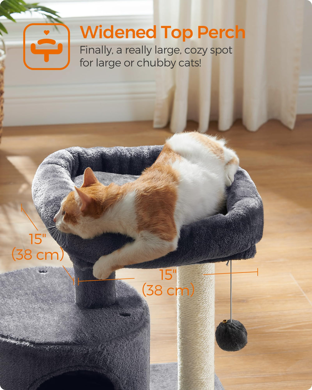 Feandrea cat tree reinforced base, designed for active cats to play safely