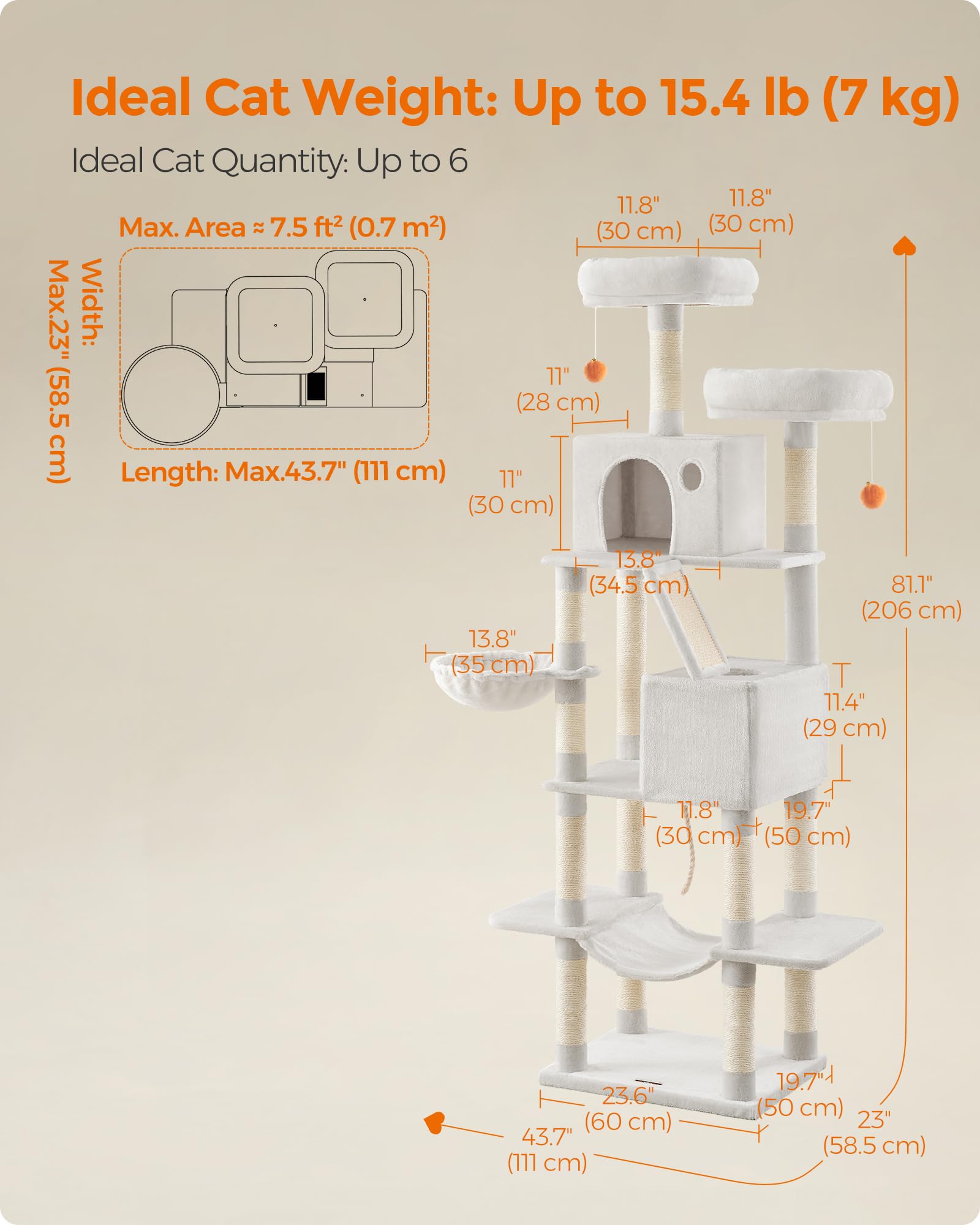 Feandrea cat tree highlights 13 scratching posts across levels for claw care.